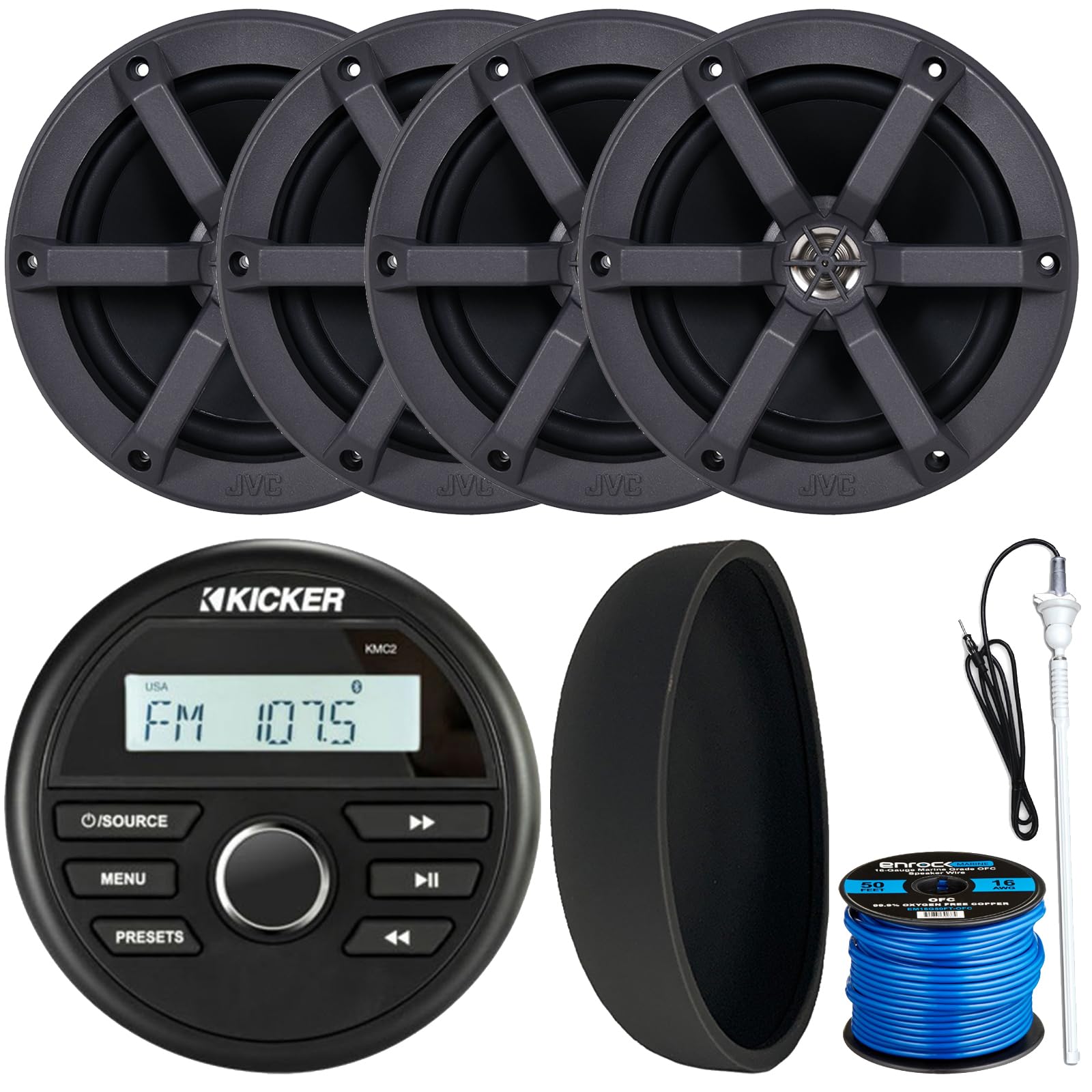 Kicker 46KMC2 Marine Bluetooth All-Weather AM/FM USB/AUX Gauge Style Media Center Receiver W/Black Cover, 4X 6.5 100W Max Power 2-Way Boat Speakers, Long Range Radio Antenna, 50 Feet Speaker Wire