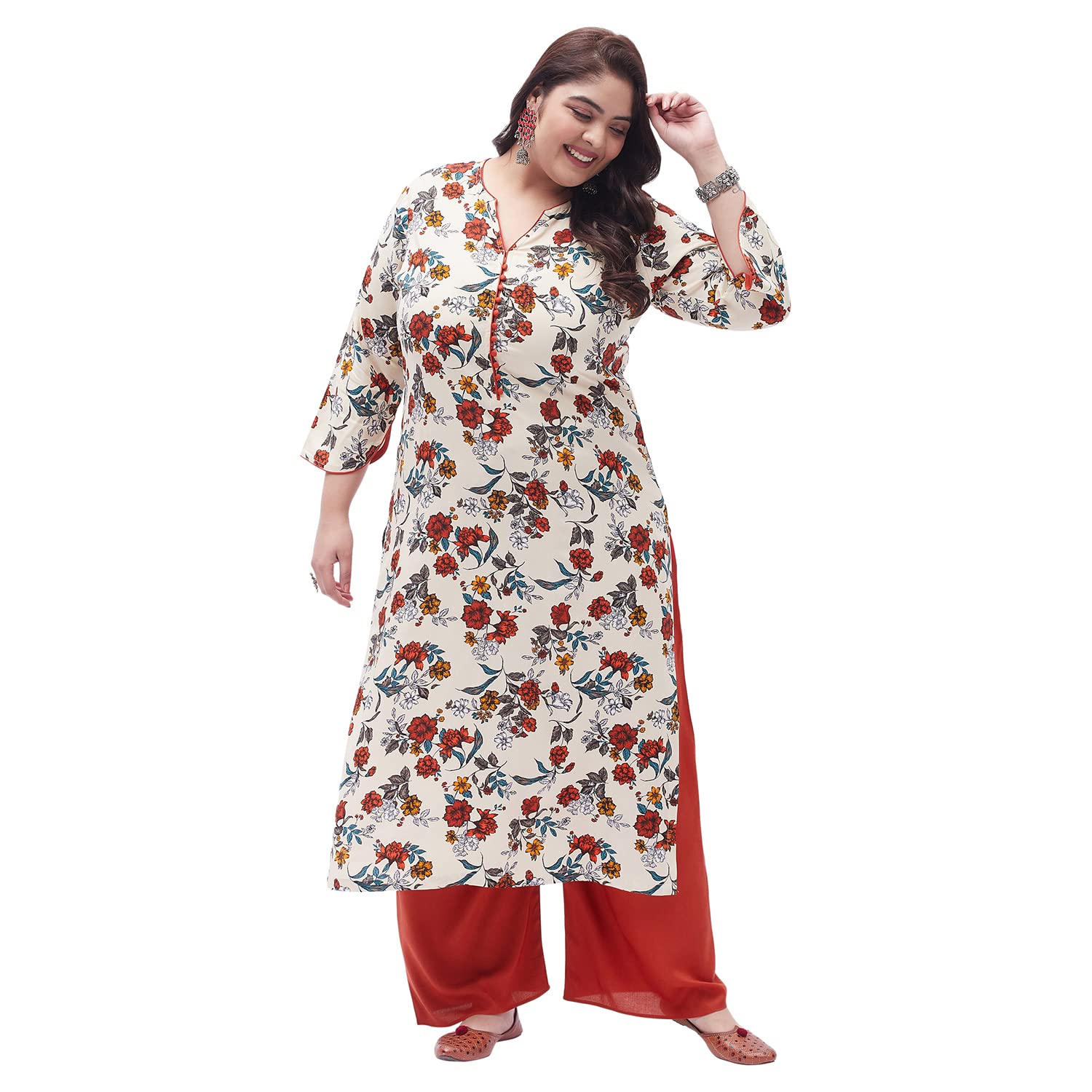 Tissu Women's Plus Size Cream & Orange Printed Kurta With Palazzo (T-Plus-634_Cream_3Xl)