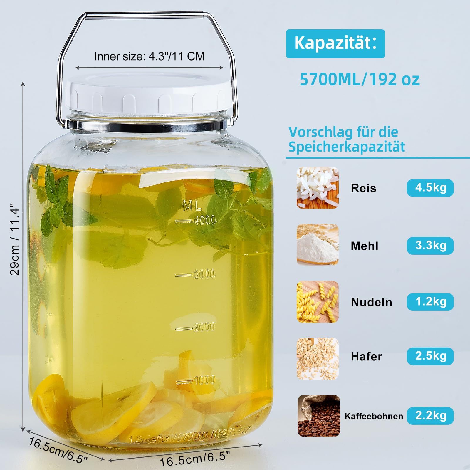 Absovetu Vorratsgläser mit Deckel, 5,7 Liter, 2 Stück Einmachgläser Groß | Einmachglas 5l, Vorratsgläser mit Schraubdeckel, Fermentiergläser, Für Kimchi Kombucha Mehl Spaghetti Süßigkeiten Keksdose