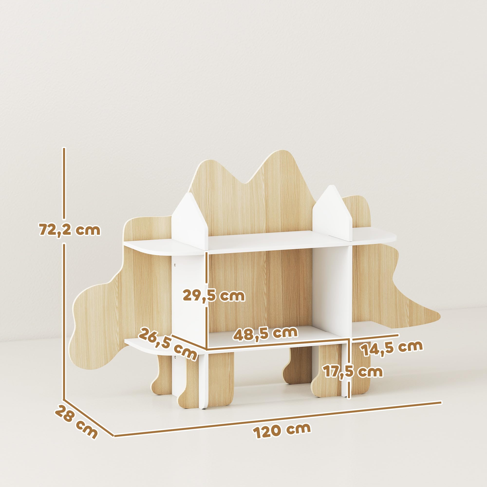AIYAPLAY Libreria per bambini con design a dinosauro, contenitore per giocattoli e libri, con 6 scomparti, altezza 72,2 cm, per camera da letto o stanza dei giochi, legno naturale