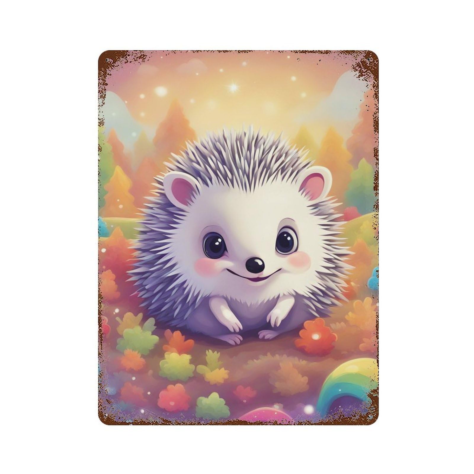 Cute Hedgehog 15.7"x11.8" Rust Effect Tin Sign, Rustic Home Decor for Office, Studio And Wall Decor