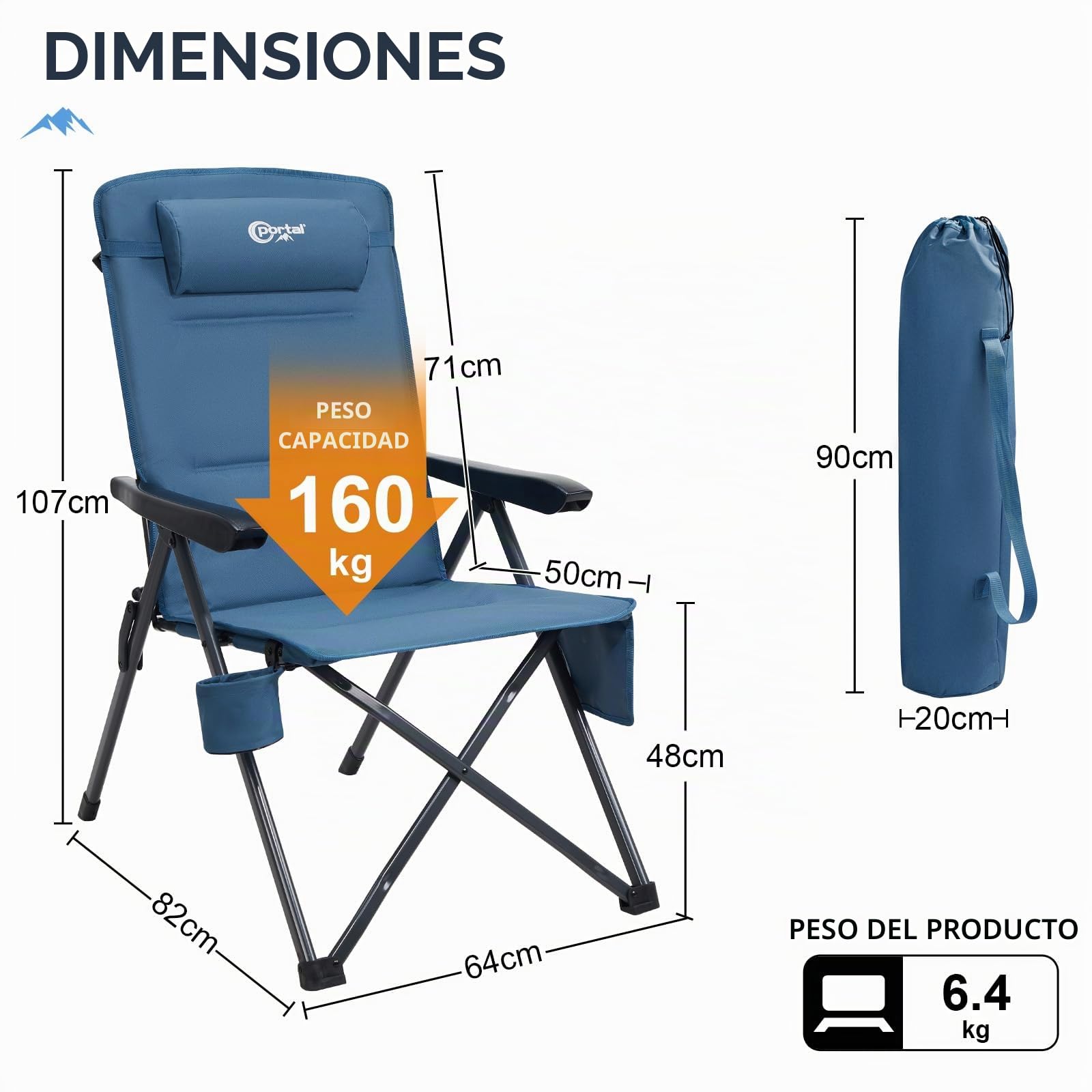 Portal Silla de camping plegable con respaldo ajustable en 3 posiciones, 160 kg, respaldo alto, silla de camping, silla de pesca, silla de jardín, silla de aluminio para jardín, balcón, picnic