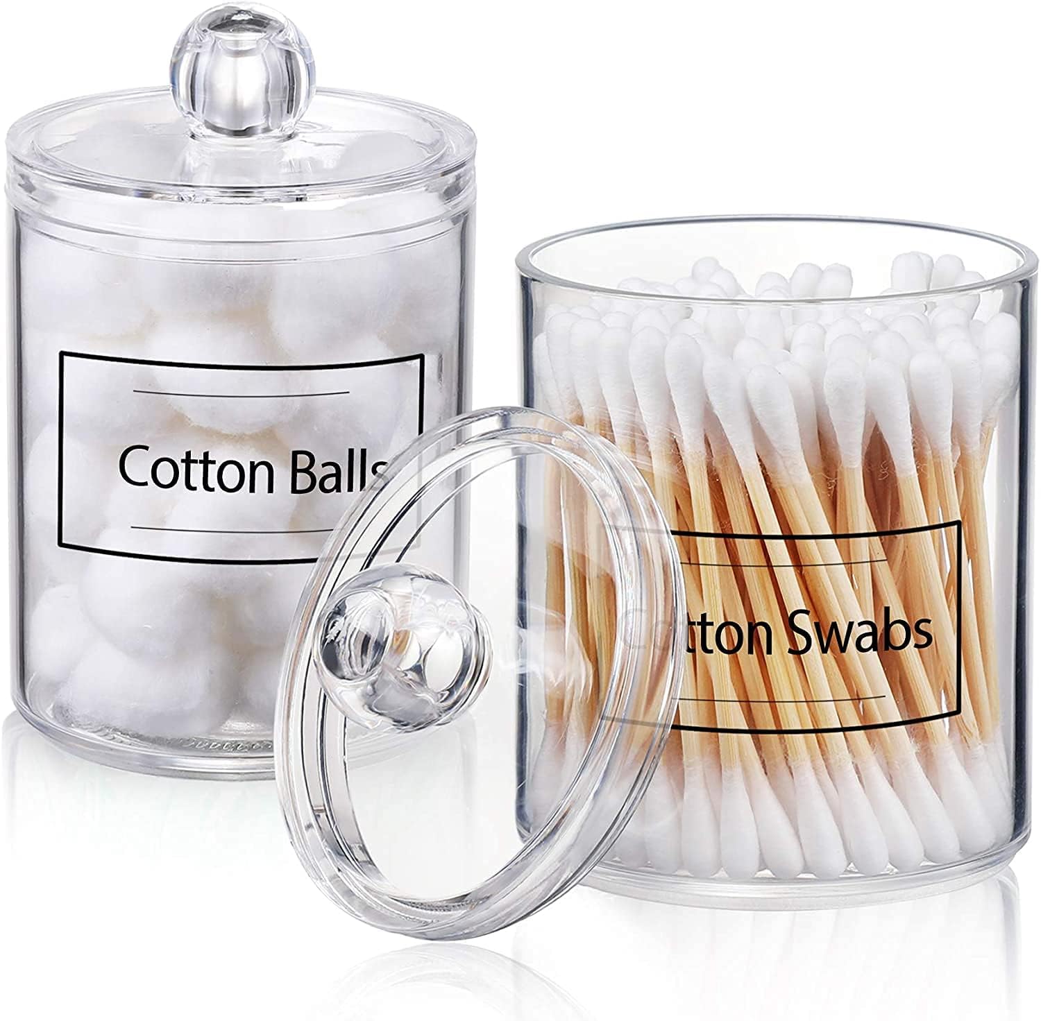 2 Pack Qtip Holder Dispenser for Cotton Ball, Cotton Swab, Cotton Round Pads, Floss - 10 oz Clear Plastic Apothecary Jar Set for Bathroom Canister Storage Organization, Vanity Makeup Organizer