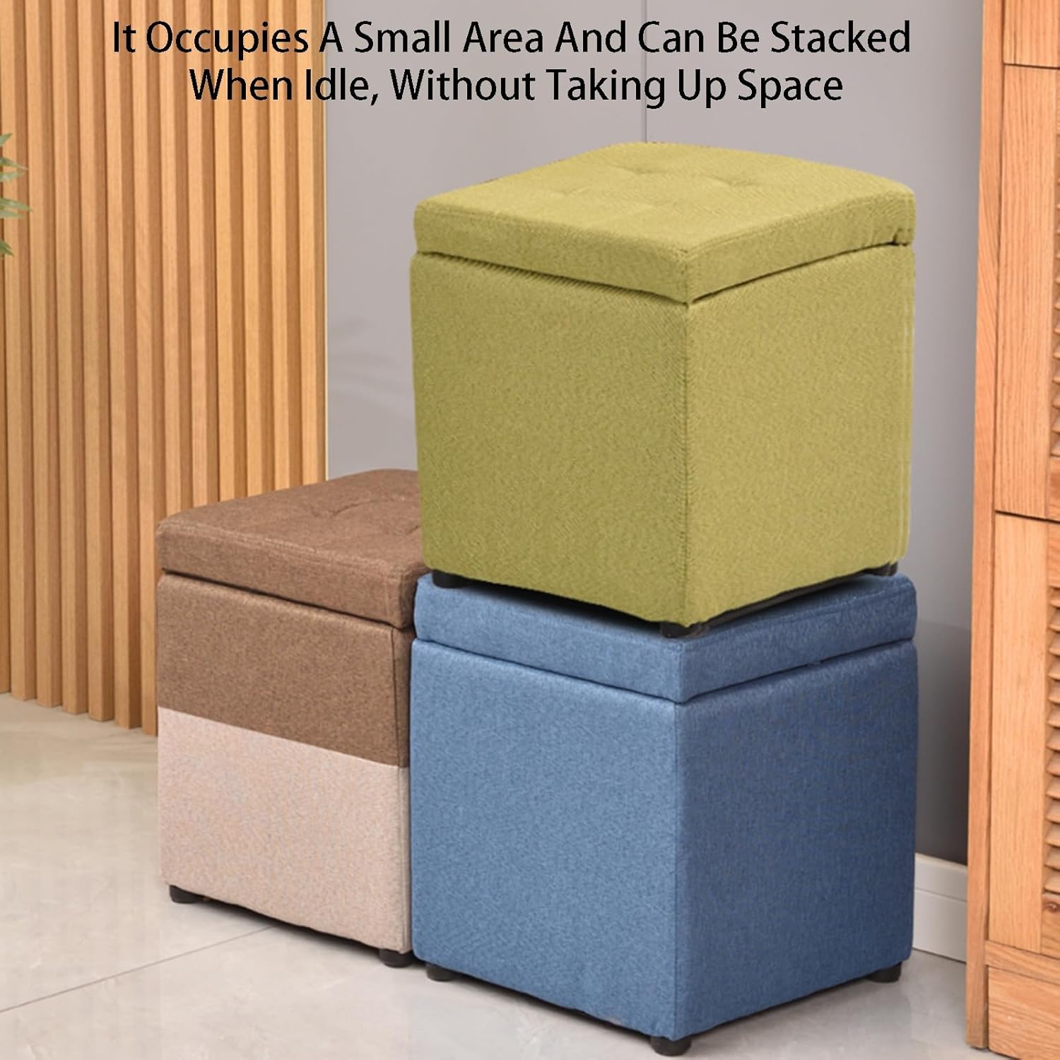 フットスツール、無垢材のスクエアフットスツール、蓋付き収納ボックス、厚手のコットンとリネン仕上げ、玄関に最適(Color2,40x4