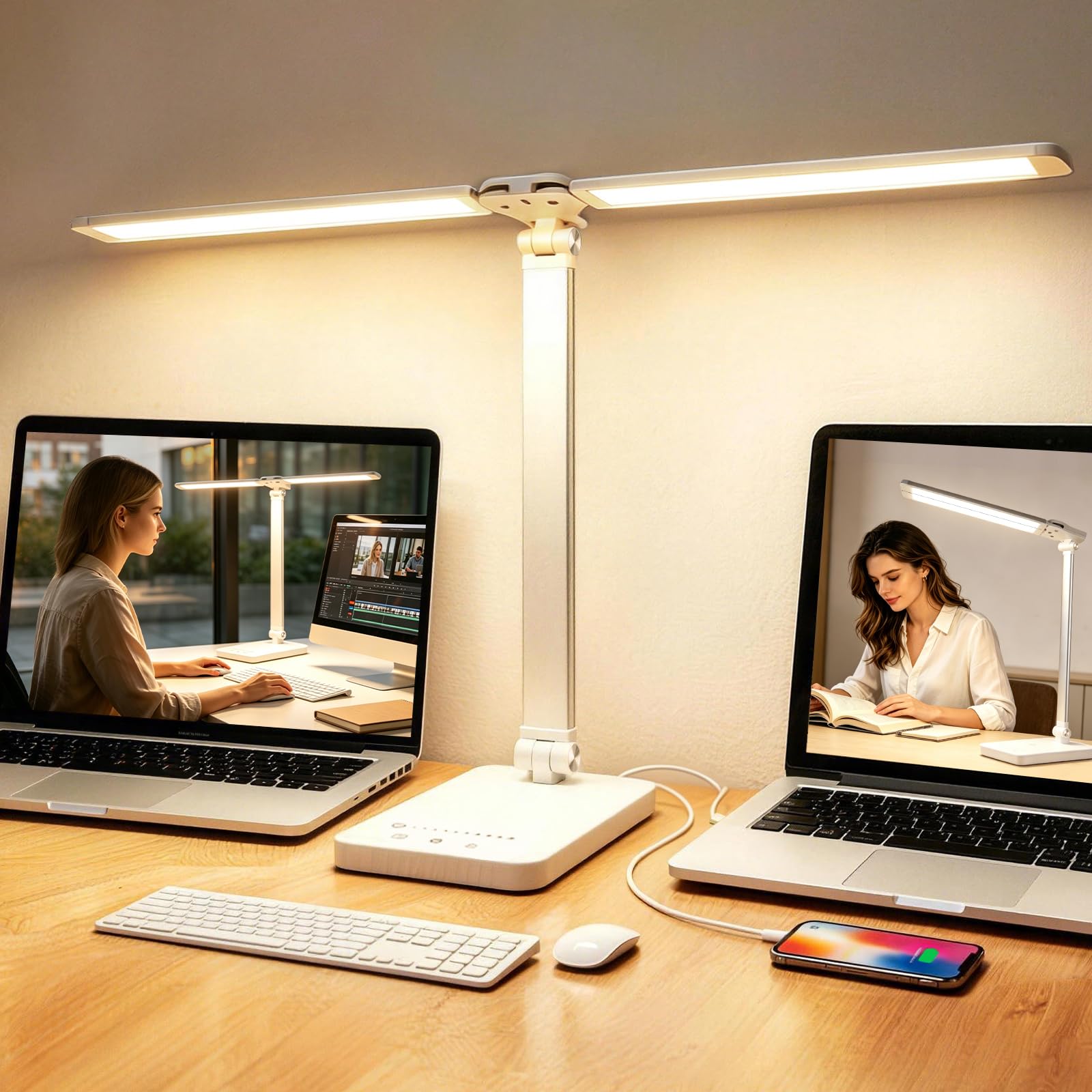 Akynite Lámpara Escritorio LED Doble Cabeza, 2A Adaptador incluido, 5 Color 10 Brillo, 45Min Temporizador, Puerto USB C, Flexo Escritorio LED, Luz Cama Táctil para Aprender Leer, Blanca