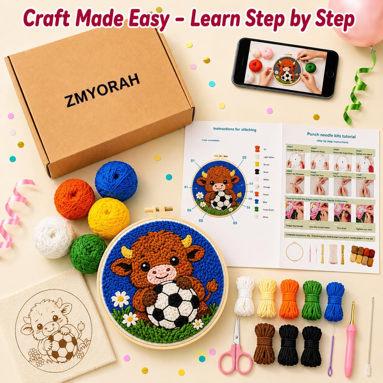 ZMYORAH Punch Needle Kit for Beginners, Highland Cow with Soccer Ball Daisy Flower Embroidery Craft Kit for Adults, Printed Fabric, Yarn, Needle & Hoop Included, DIY Handmade Wall Decor Gift 20x20cm