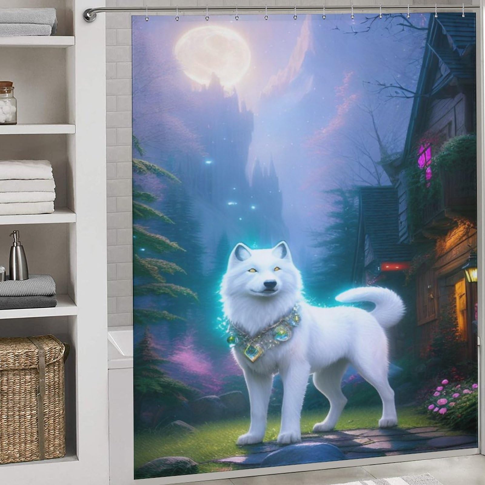 Rideau de douche loup en tissu lavable pour une ambiance nature et évasion