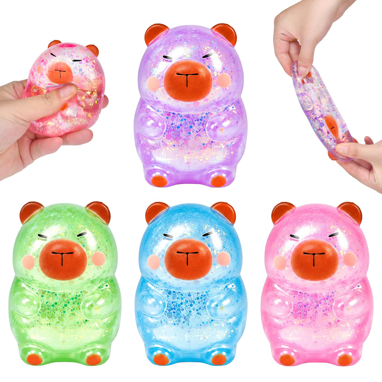 4PCS Capybara Squishy Fidget Toys, Sugar Squishy Capybara Stress Balls for Adults Kids, Glitter Squeeze Toys for Anxiety Relief, Slow Rising Squishys, Birthday Gifts