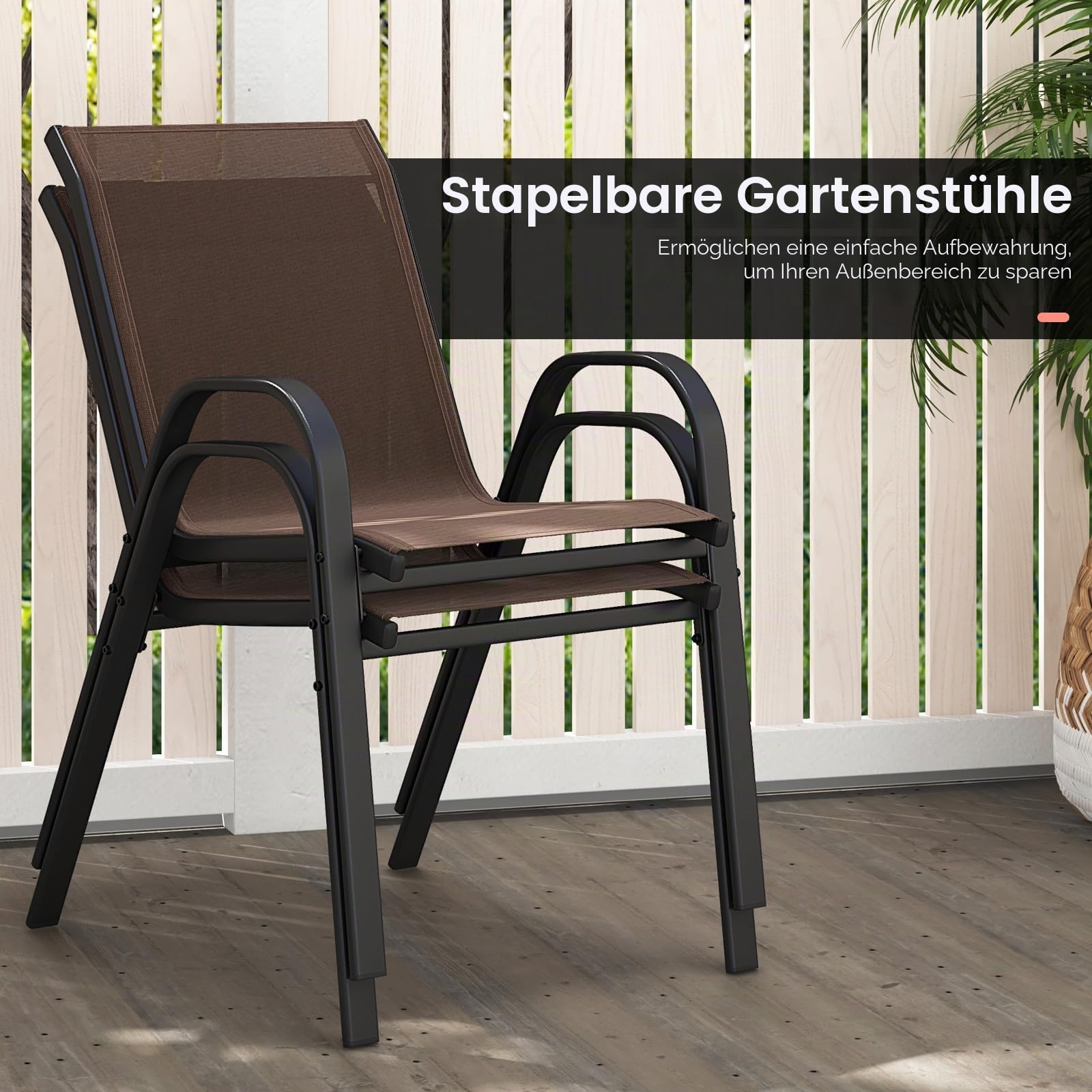 GIANTEX Gartenstühle Stapelbar 4er Set, Stapelstühle aus Textilene & Metall, Gartenstuhl Hochlehner mit Armlehnen, Balkonstuhl 150 kg belastbar, Terrassenstühle 56x70x84 cm (Braun, 4 Stück) Garten