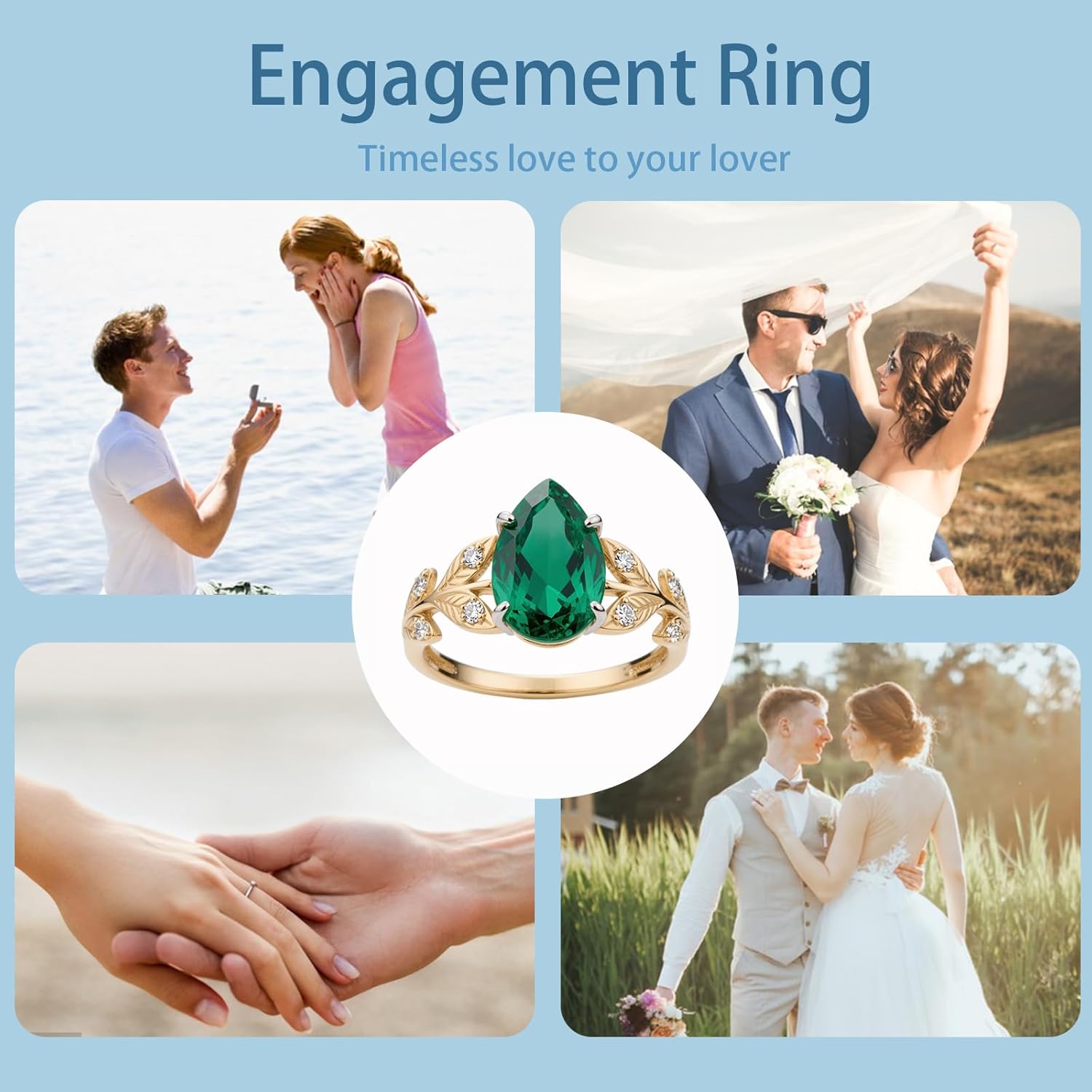 Leaf Pear-Cut Engagement Ring 3 ct lab grown Emerald Solitaire Green Stone Solid 10k 14k 18k Gold Retro Wedding Band Womens Engraved Promise Birthday for Women Wife
