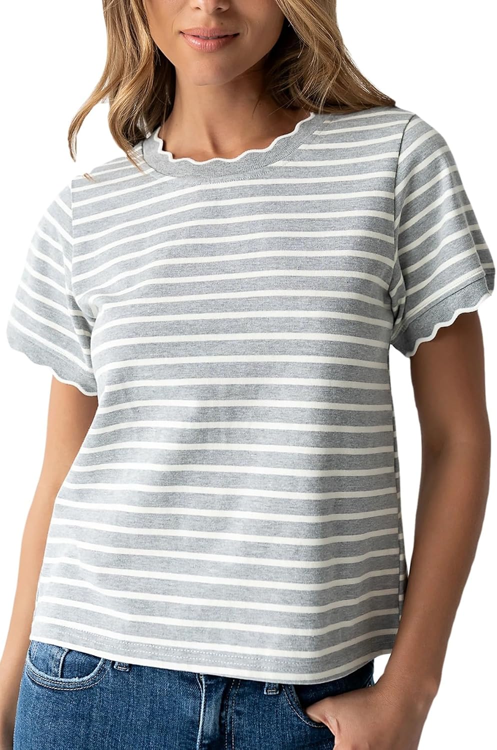 KevaMolly Women Stripe Scalloped Cotton Blend T Shirt Grey Stripe XL