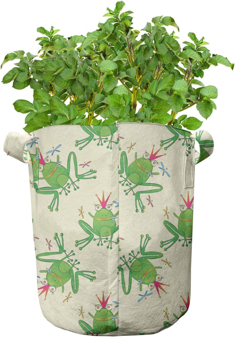 Lunarable Frogs Grow Bags 5-Pack, Cartoon Character Dragonflies, Heavyduty Fabric Pots with Handles for Plants, 7 Gallon, Multicolor