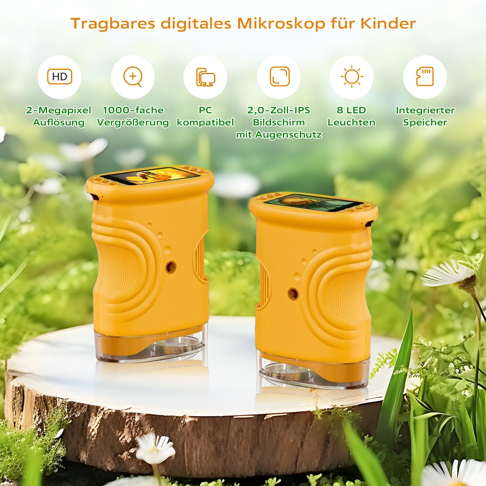 1000X Digital Mikroskop für Kinder, Handy Taschenmikroskop mit 2.0" IPS Bildschirm & 8 LED Licht für Kinder im Alter von 3–6, 6–12 Jahren, Studenten, Jungen und Mädchen [inkl Fotofunktion]