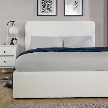 Home Source Bedroom Small Double 4ft Gas Lift Ottoman Storage Bed, Cream Boucle Fabric