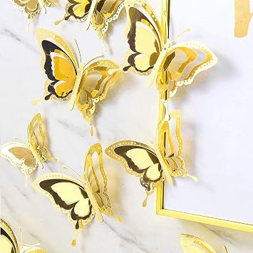 12 Pcs 3 Layers Wing Butterfly Wall Decor Gold 3D Hollow Stickers for Home Bedroom Cake Party Baby Shower Birthday Decorations