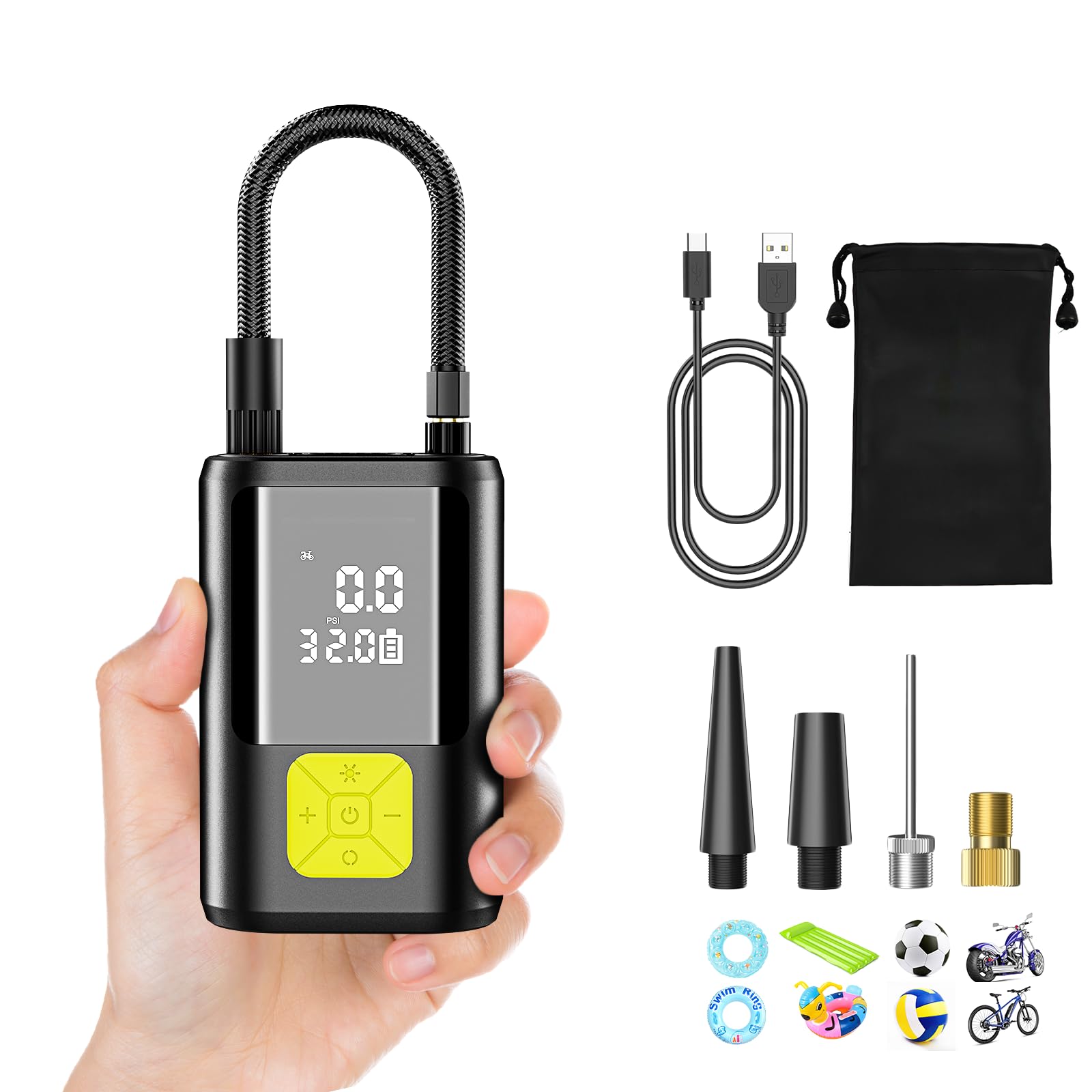 Pompe à Air Sans Fil 150 PSI - Batterie 6000 MAh, Arrêt Automatique, 4 Buses, Pour Voiture, Vélo Et Ballons