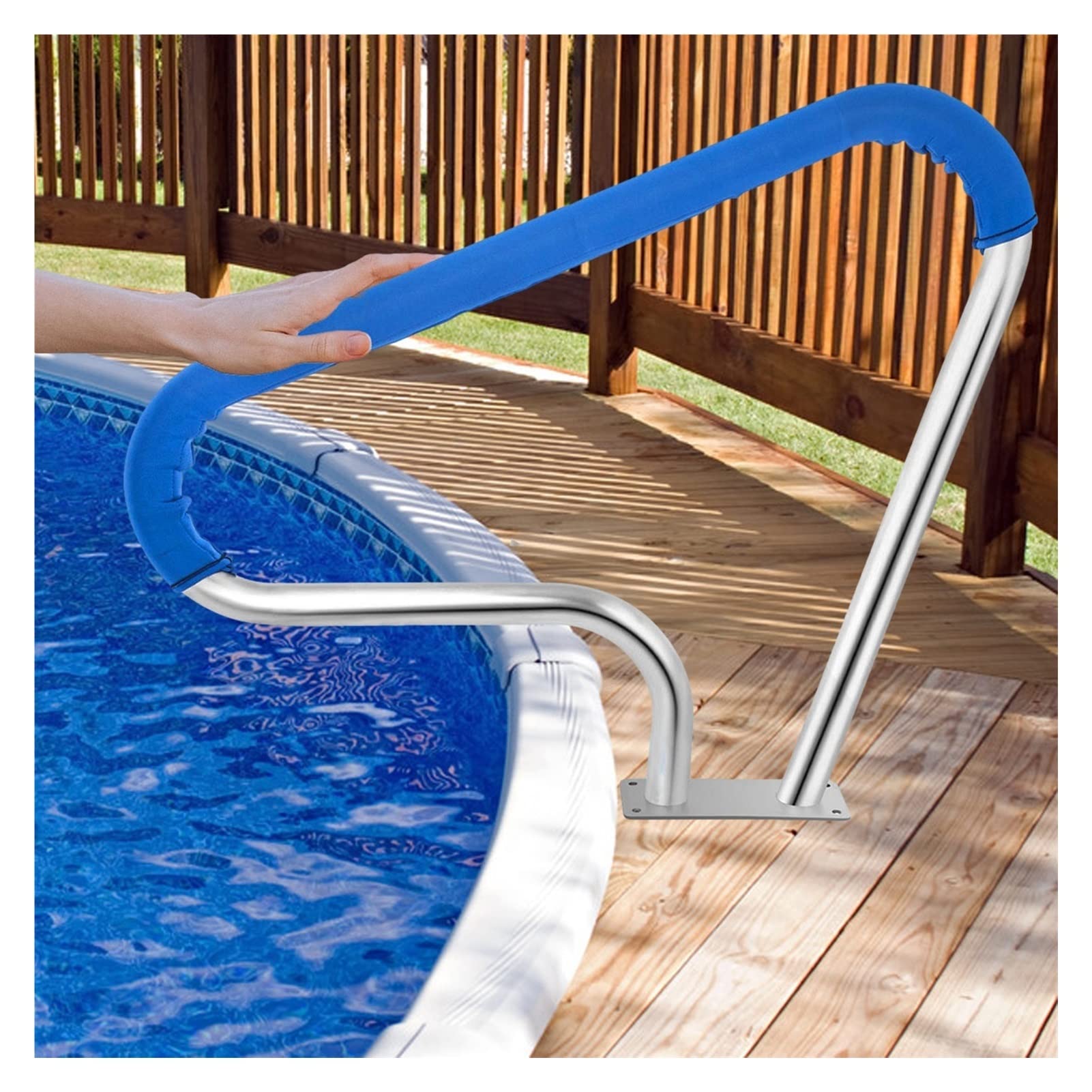 Fodalob Barandilla para Piscina 98x81cm Barandilla para Piscina Acero Inoxidable 304 / Plata/A Prueba de Herrumbre/Cómodo/Barandilla para Piscina humanizada con Cubierta de Agarre Azul