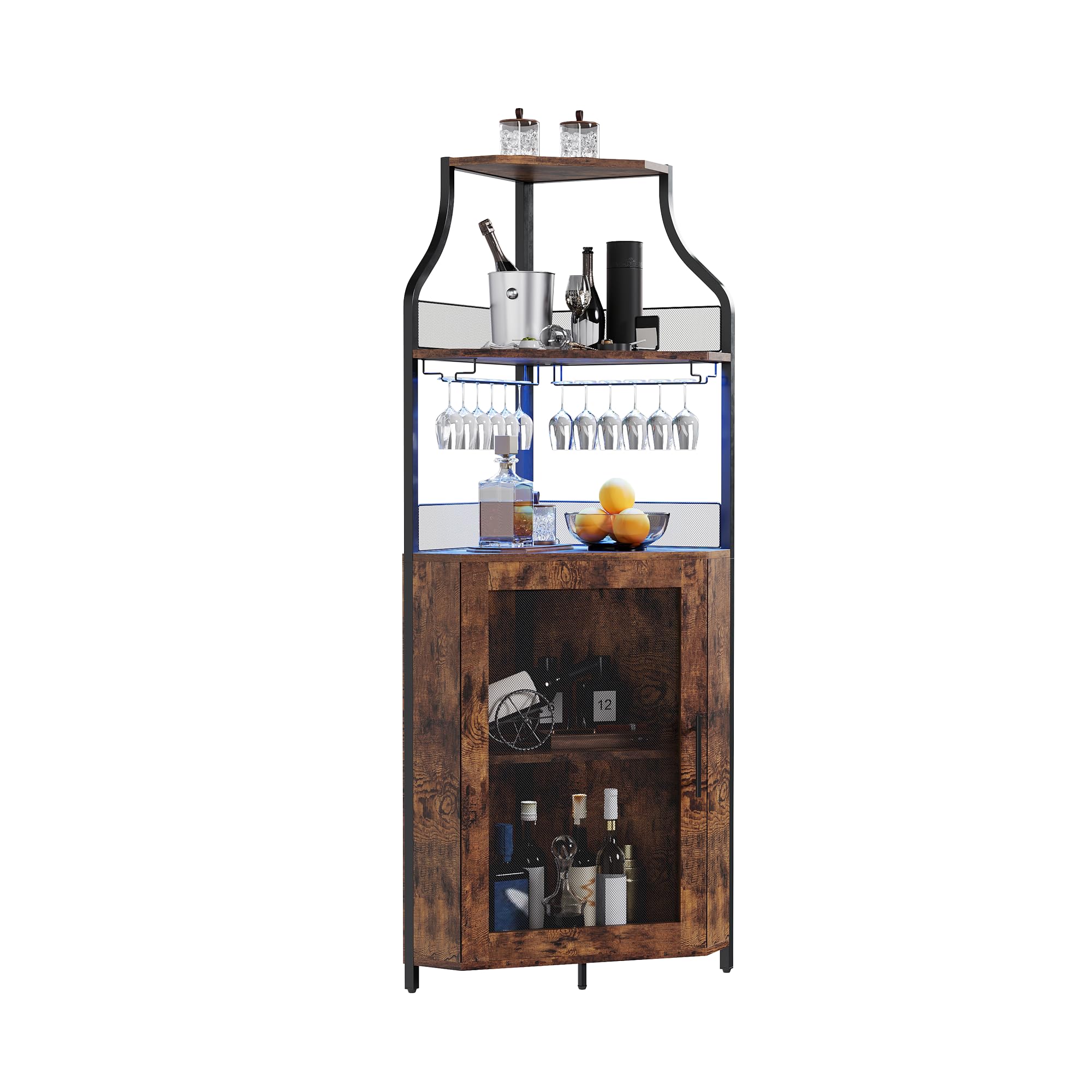 Eck-Weinschrank 154 cm – Bar Schrank Im Industrial Design Mit Glashalter, Gittertür & Verstellbaren Regalen – Platzsparender Eck-Barschrank Für Wohnzimmer, Küche & Esszimmer，Vintage-Farbe +Lampe