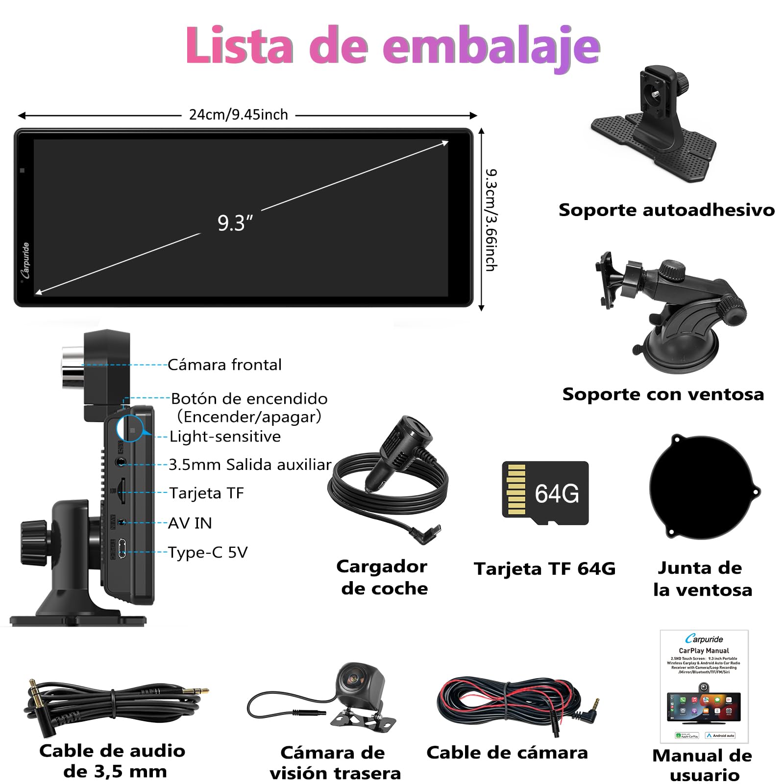 Carpuride W903 Carplay y Android Auto inalámbricos Portátiles con Cámara para Salpicadero 4K - Pantalla IPS HD de 9,3", Grabación en Bucle, Bluetooth, Mirror Link, GPS, Siri, Montaje en Salpicadero