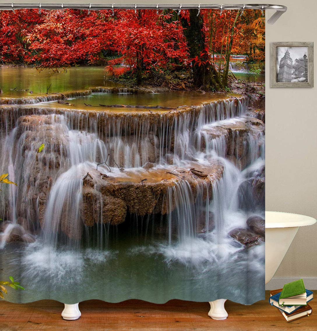 Nature Scene Waterfall Shower Curtain ,Mangrove Waterfall Natural Landscape Decoration Design Polyester Cloth Print Bathroom Curtains Include Hooks Set 72〃w by 72〃L (s2826)