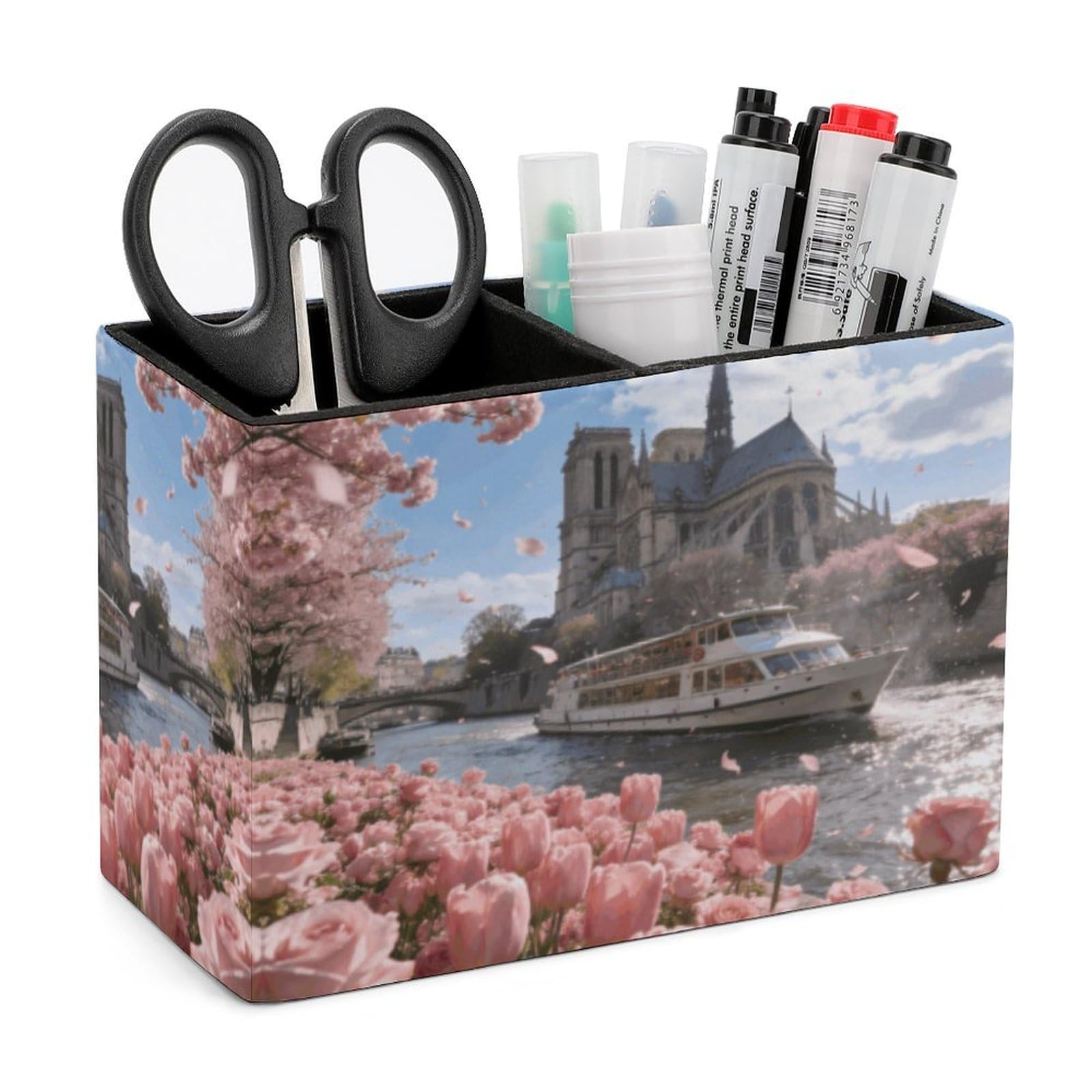 LZQPOEAS Exquisite Patterns PU Leather Pen Holder, Multifunctional Desktop Organizer Caddy with 2 Compartments, Pink Parisian Bloom Pencil Cup Makeup Brush Holder for Office Home