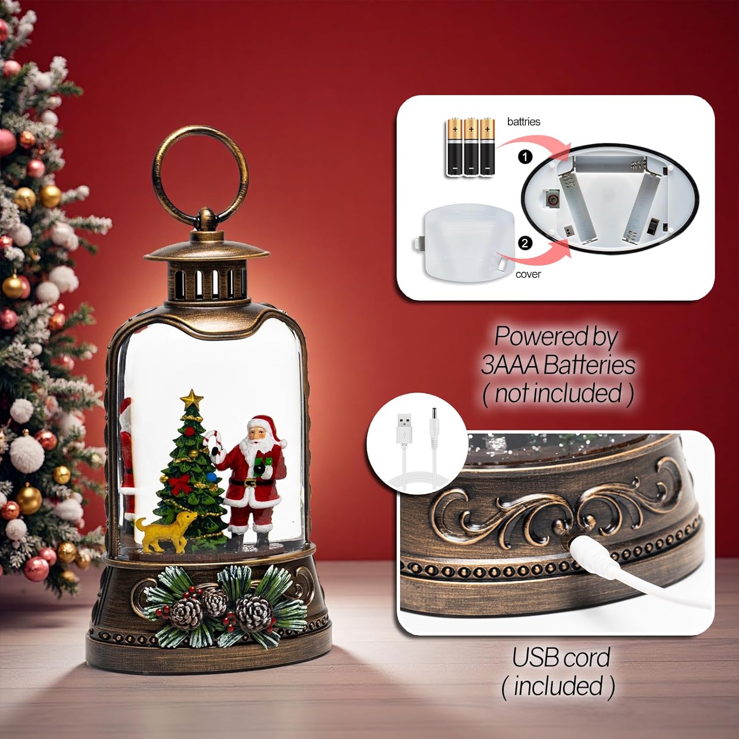 9.6" Christmas Snow Globe Lantern with Santa Claus - Water Swirling Glitter LED Light Musical Lantern with Exterior Decor - Vintage Xmas Gifts - USB Plug or Battery Operated Home Decor (Santa & Dog) - Image 3