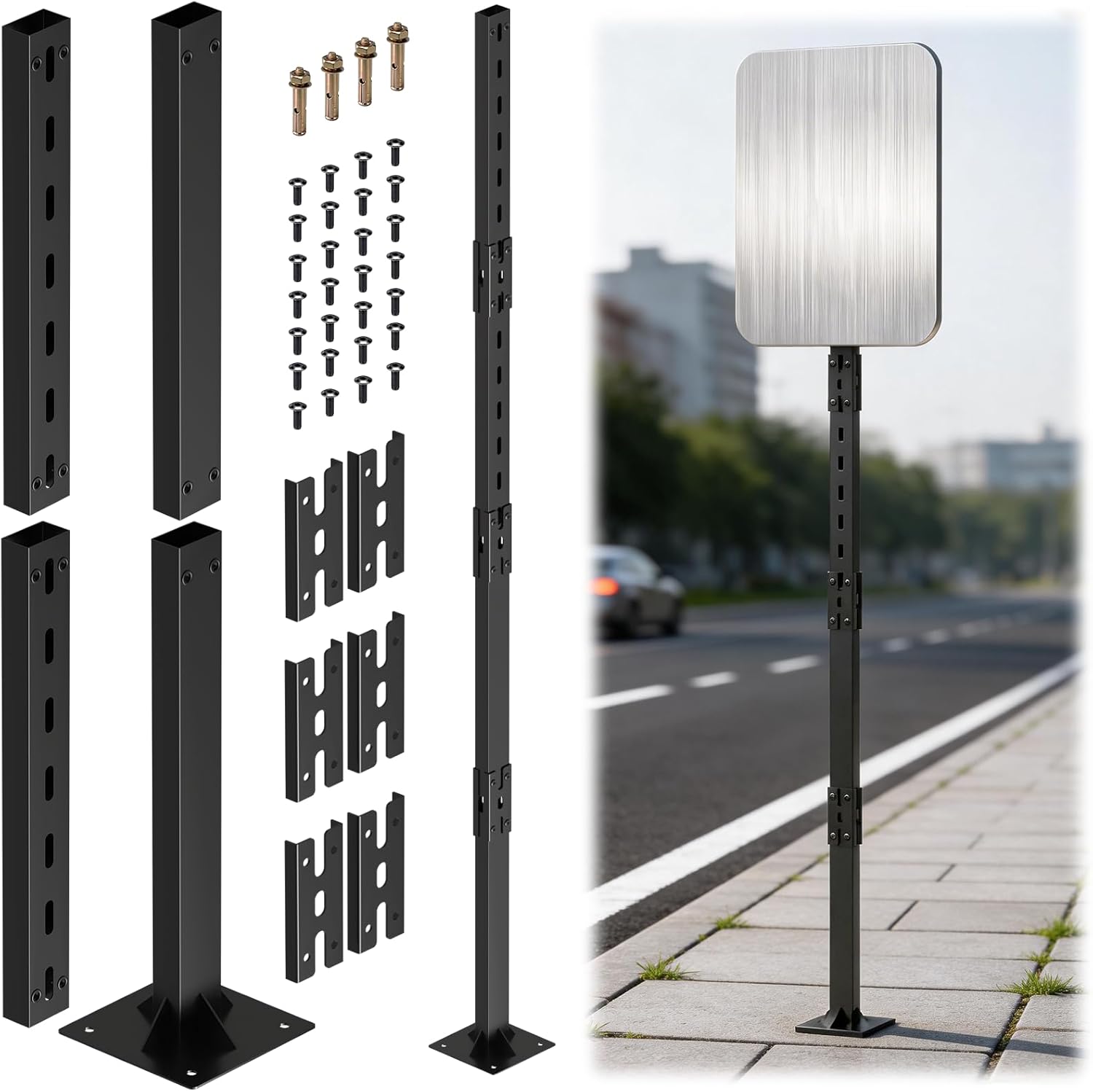 sogiv 6Ft Heavy-Duty Bolt Down Sign Post with Base, Vertical Dual-Sign Metal Holder with Pre-Drilled Holes, Base-Plate Mounted Pole for Parking, Street, Traffic, Private Property (Black)