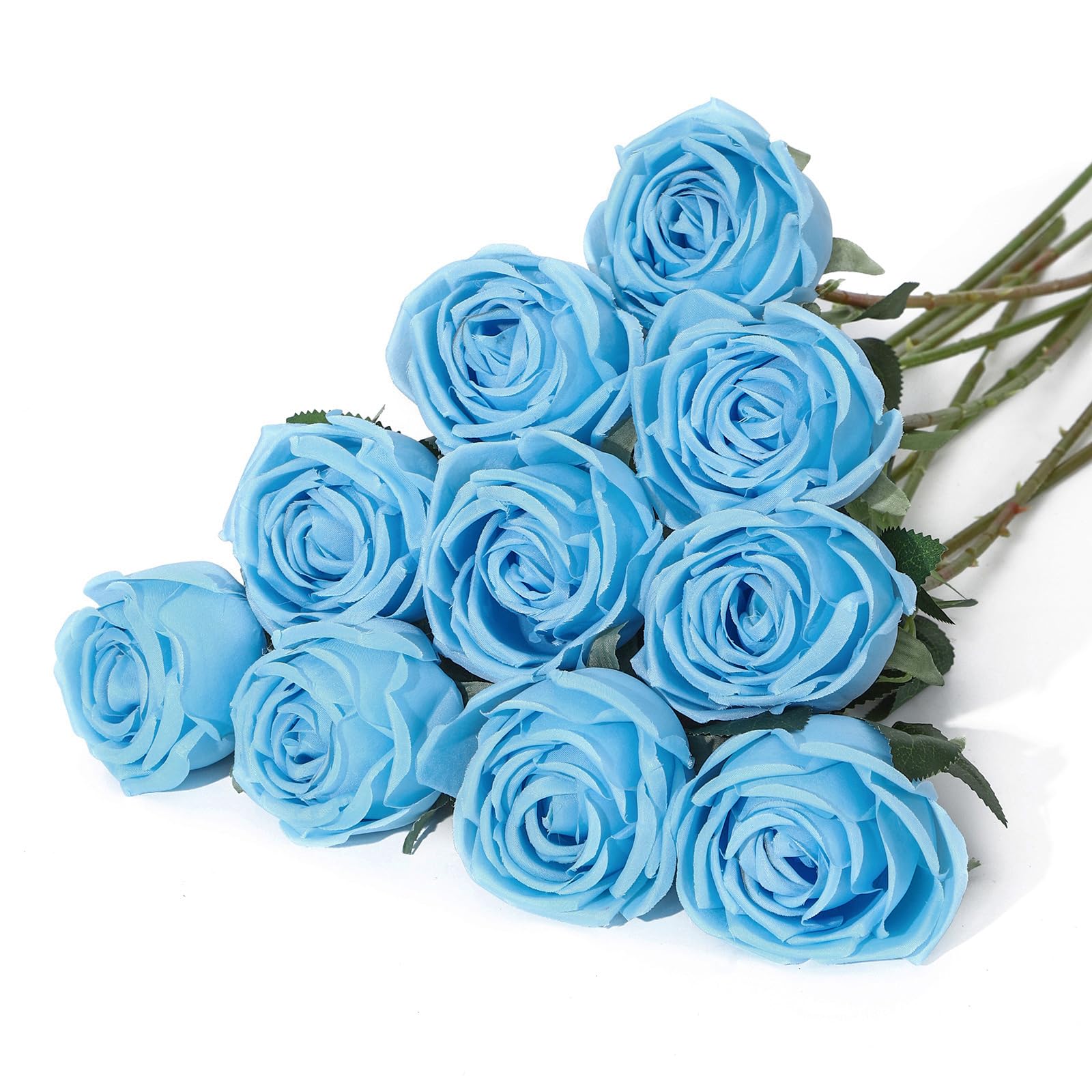LEUCHTAMOR 10pcs Artificial Roses Blue Fake Rose Flower Realistic Faux Roses for DIY Wedding Bouquets Bridal Shower Centerpieces Floral Arrangements Party Tables Home Decorations
