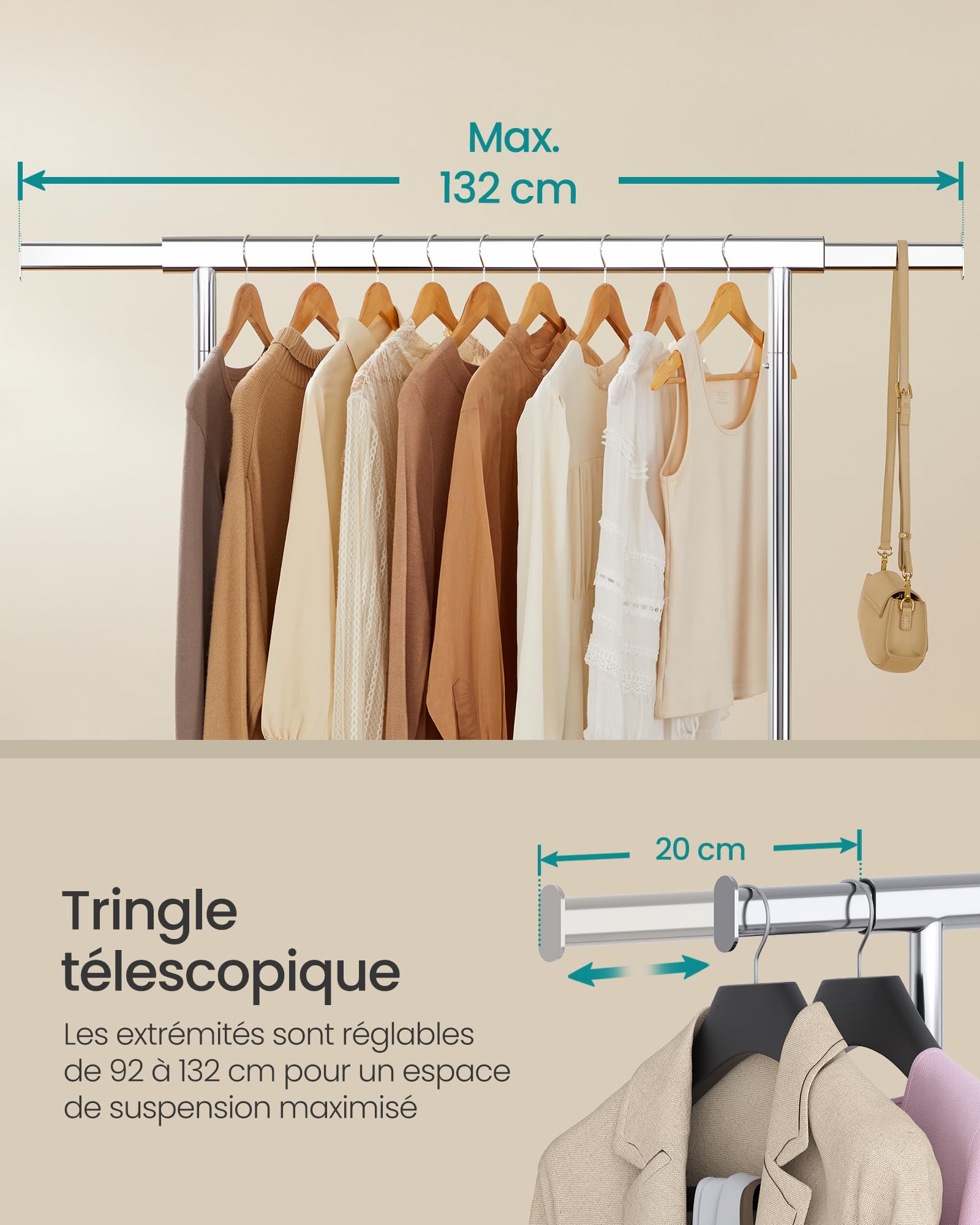 SONGMICS Portant à Vêtements avec Roulettes, Tringle Extensible pour Charge Lourde, Porte-manteau, Capacité de Charge 100 kg, 45 x (92-132) x 161,5 cm, Montage Facile, Argent HSR13S