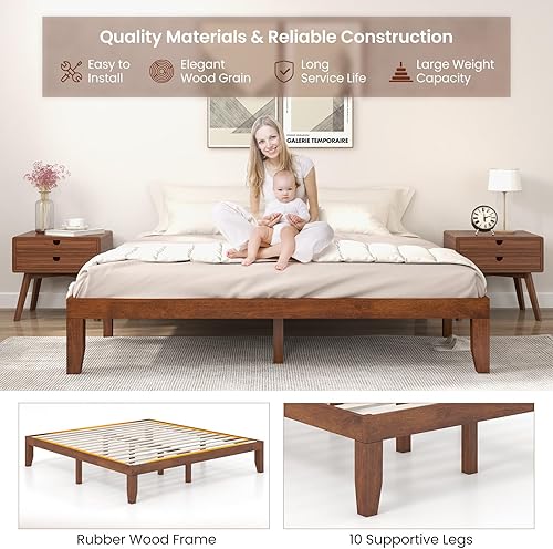 Miniatura 39 de KOMFOTT Base de cama de plataforma de madera de 14 pulgadas, tamaño individual, base de colchón de madera con marco de madera de goma, fuerte Marrón