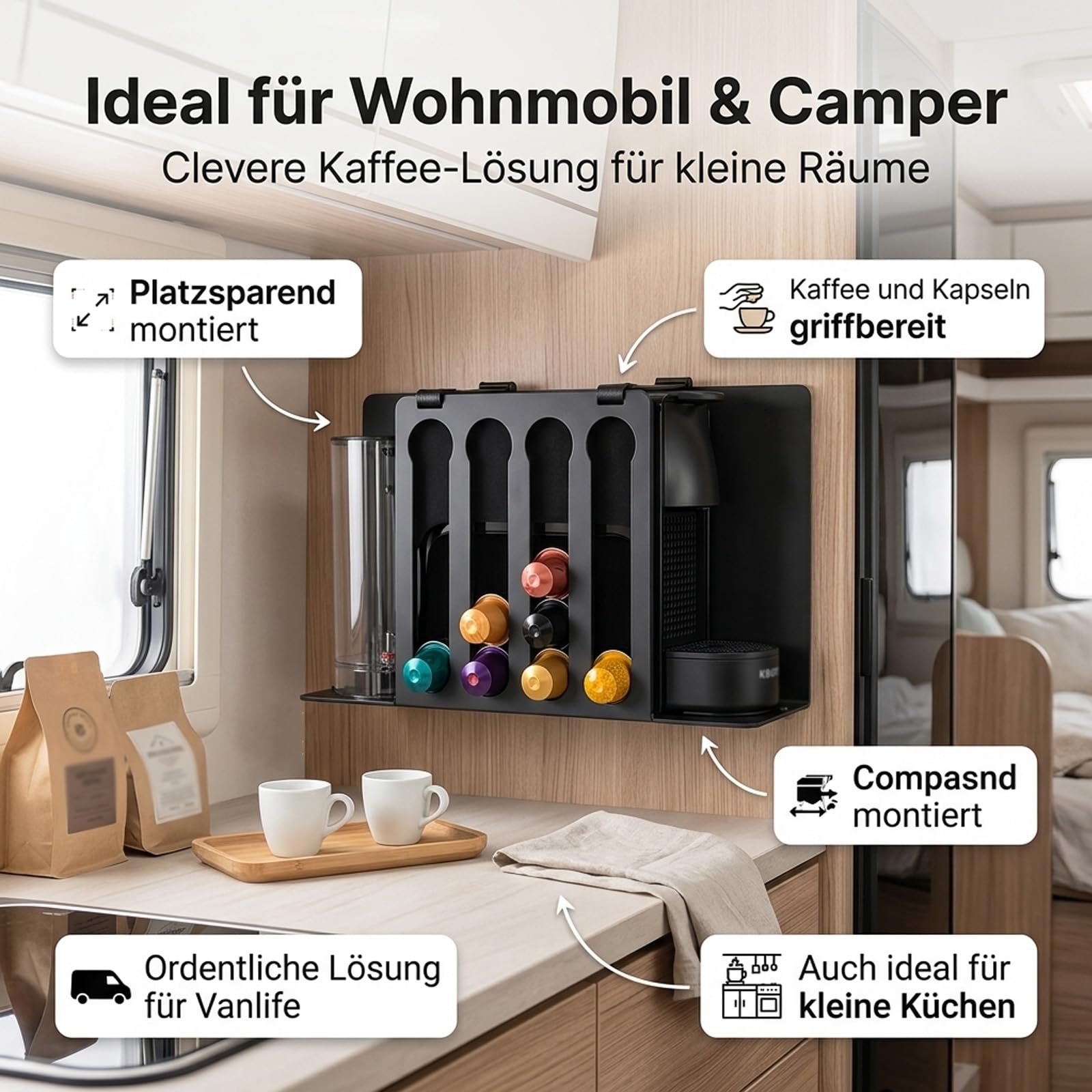 Wandhalterung kompatibel mit Krups Nespresso Essenza Mini, mit Kapselhalter, platzsparende Halterung für Wohnmobil, Camper, Wohnwagen und kleine Küchen