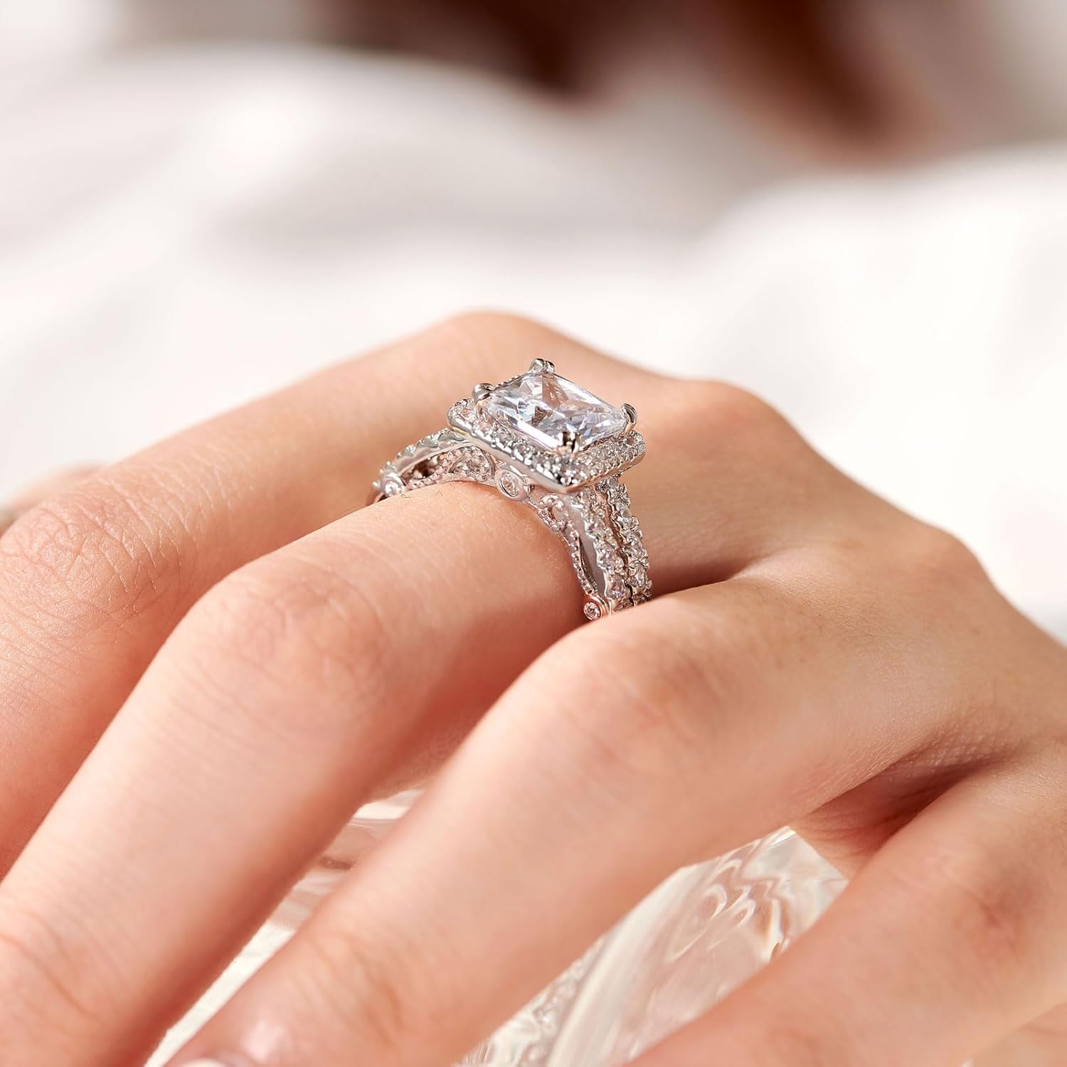 Wuziwen 925 Sterling Silver Halo Princess Cut Engagement Ring for Women AAAAA CZ Wedding Promise Rings for Her