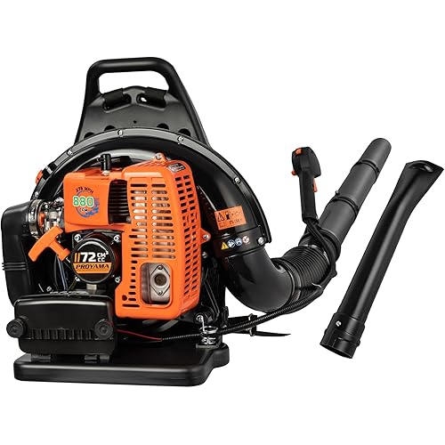 PROYAMA 72CC Gas Backpack Leaf Blower, 2-Cycle 880CFM 275MPH Gas Powered Engine, 2 in 1 Nozzle Low Vibration and Ergonomic Design with Cruise Control for Outdoor GardenYard Cleaning and Snow Removal