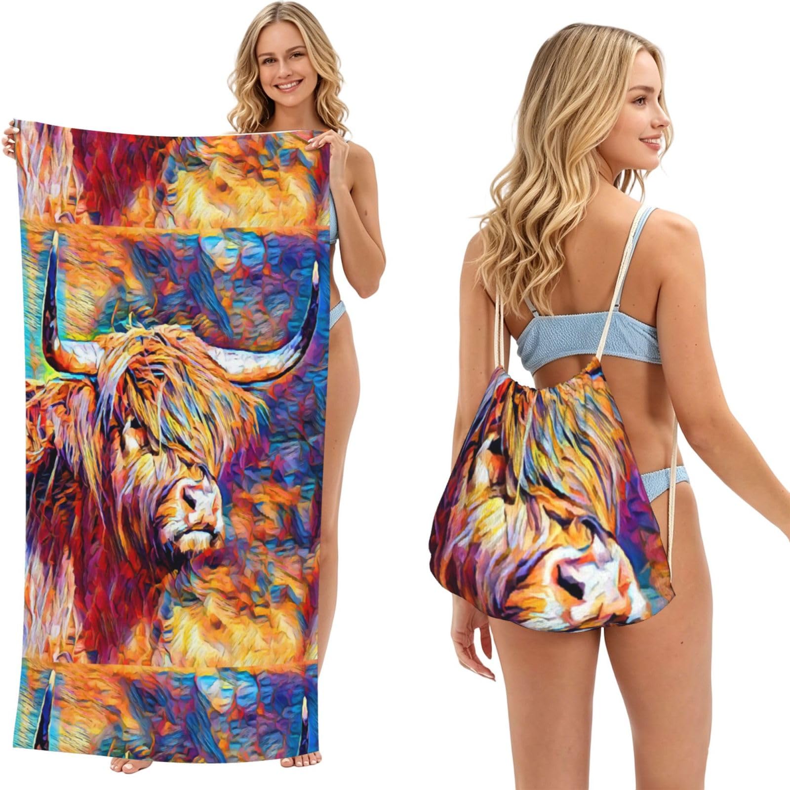 Poadnly As Picture Highland Cow Printed, 2 In 1 Packable Towel Bag, Beach Towels With Drawstring Backpack For Travel Holiday Camping