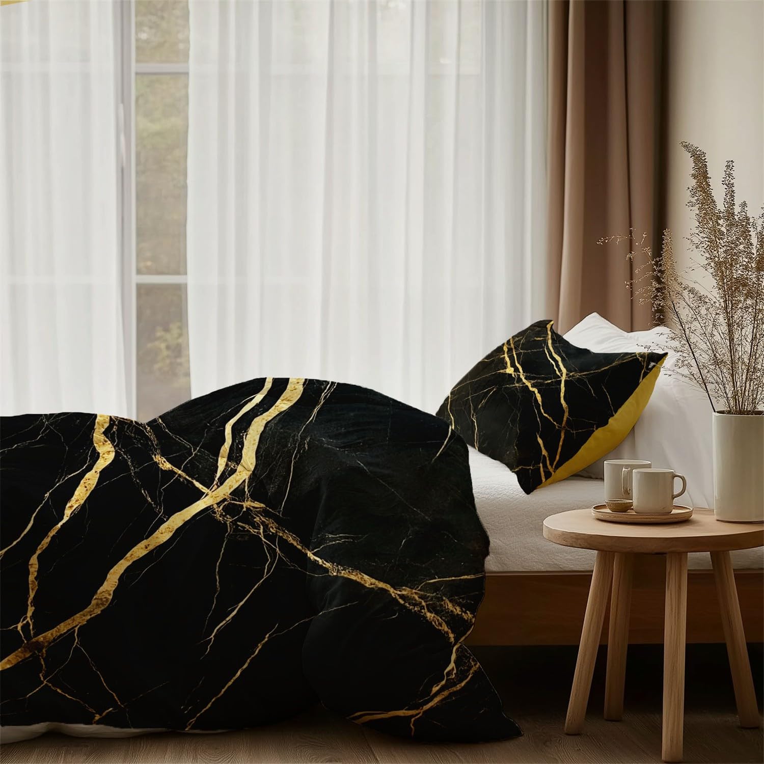 Dwustronna kołdra zestaw pościeli złota tekstura marmurowy wzór nadruk miękka szczotkowana mikrofibra 230 x 220 cm zestawy poszewek na kołdrę - poszewki na poduszki prześcieradło jakość hotelowa