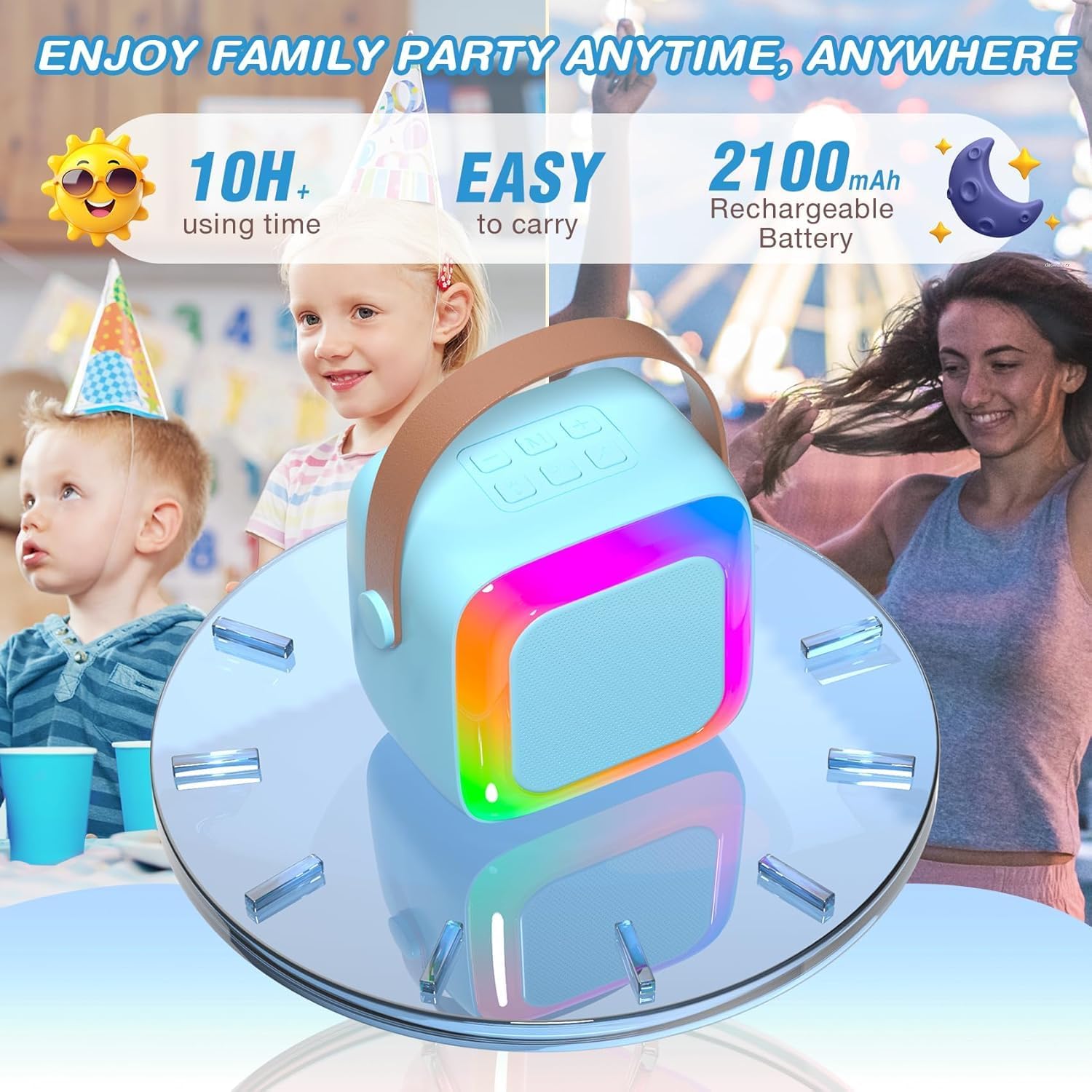 Mini Karaoke Machine for Kids Adults,Portable Bluetooth Karaoke Speaker with 2 Wireless Microphone and LED Lights,Toys for Party,Home KTV,Birthday for Boys 4, 5, 6, 7, 8,12+ Toddler Teens(Blue) - Image 5
