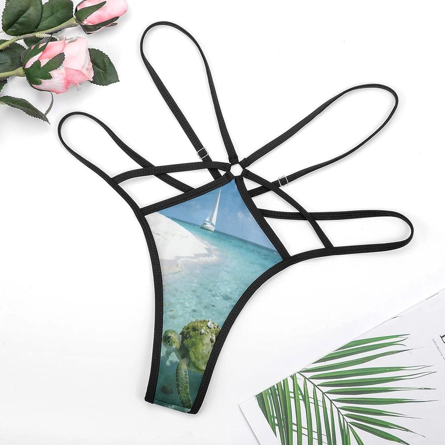 Women's Sexy G-String Thong Panties, Sheer Mesh T-back Underpants | Turtles on The Shallow Beach Breathable Stretchy Low Rise Underwear, Comfort Soft No Show Panties for Date Night, 3X-Large