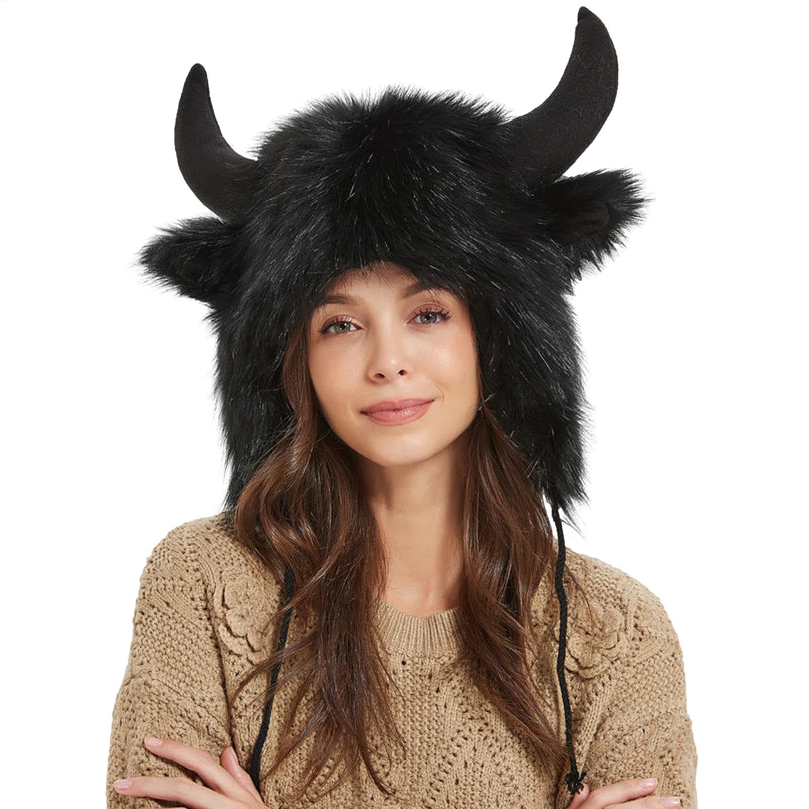 Wisylizv Bison Horn Hat | Cozy Buffalo Winter Hat For Men & Women | Furry Animal Cosplay Hat For Outdoors And Winter Fun