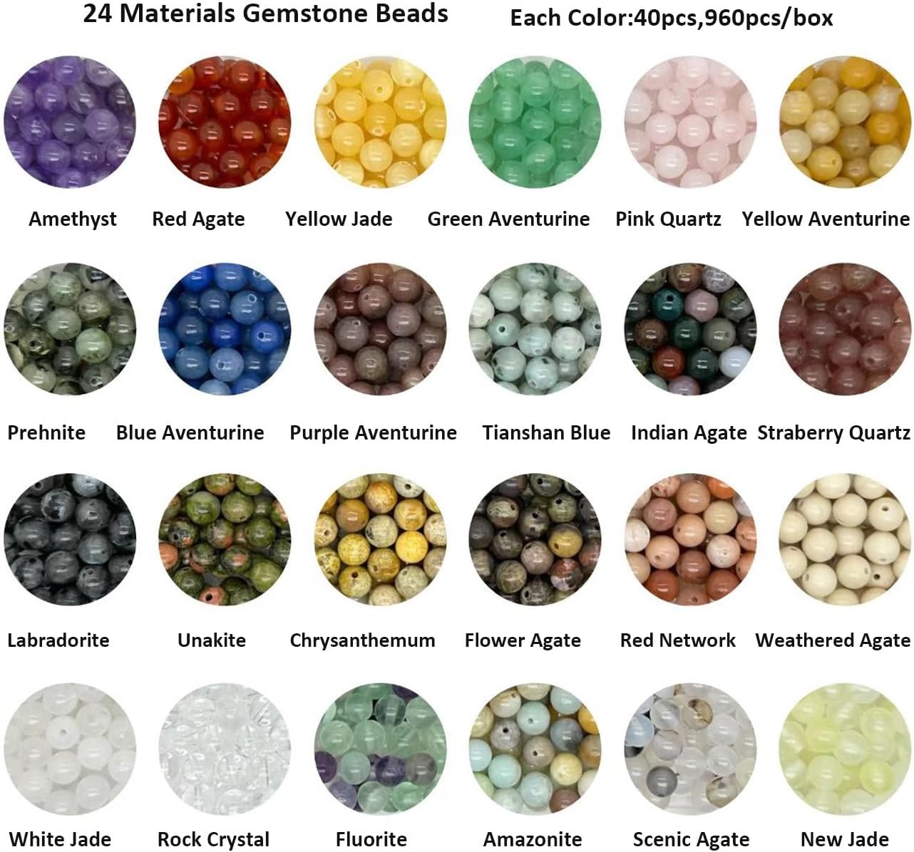 Yephac 960pcs 6mm Gemstone Beads for Jewelry Making, 400g Loose Beads Box Assorted (24 Colors-5,6mm)