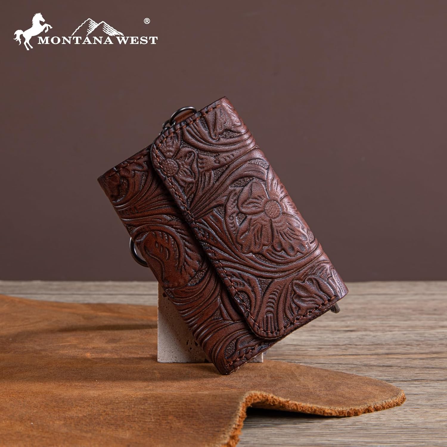 Montana West × Wrangler Leather Change Wallet for Men Women Small Coin Pouch Western Design, Brown