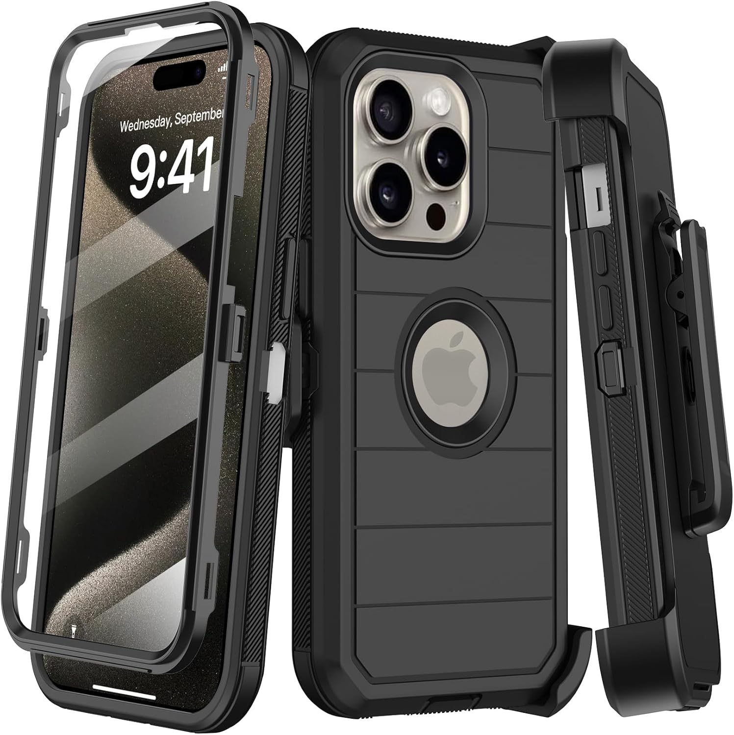 for iPhone 15 Pro Max Case with Belt Clip Holster,Built-in Screen Protector,Heavy Duty Shockproof Drop Protection Military Grade 3 Layers Rugged Phone Cover with Kickstand for Apple 15 ProMax (Black)