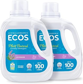 ECOS Hypoallergenic Plant-Powered Laundry Detergent, Lavender, 200 Loads, 2x100 Fl Oz - Dermatologist Tested, EPA Safer Choice