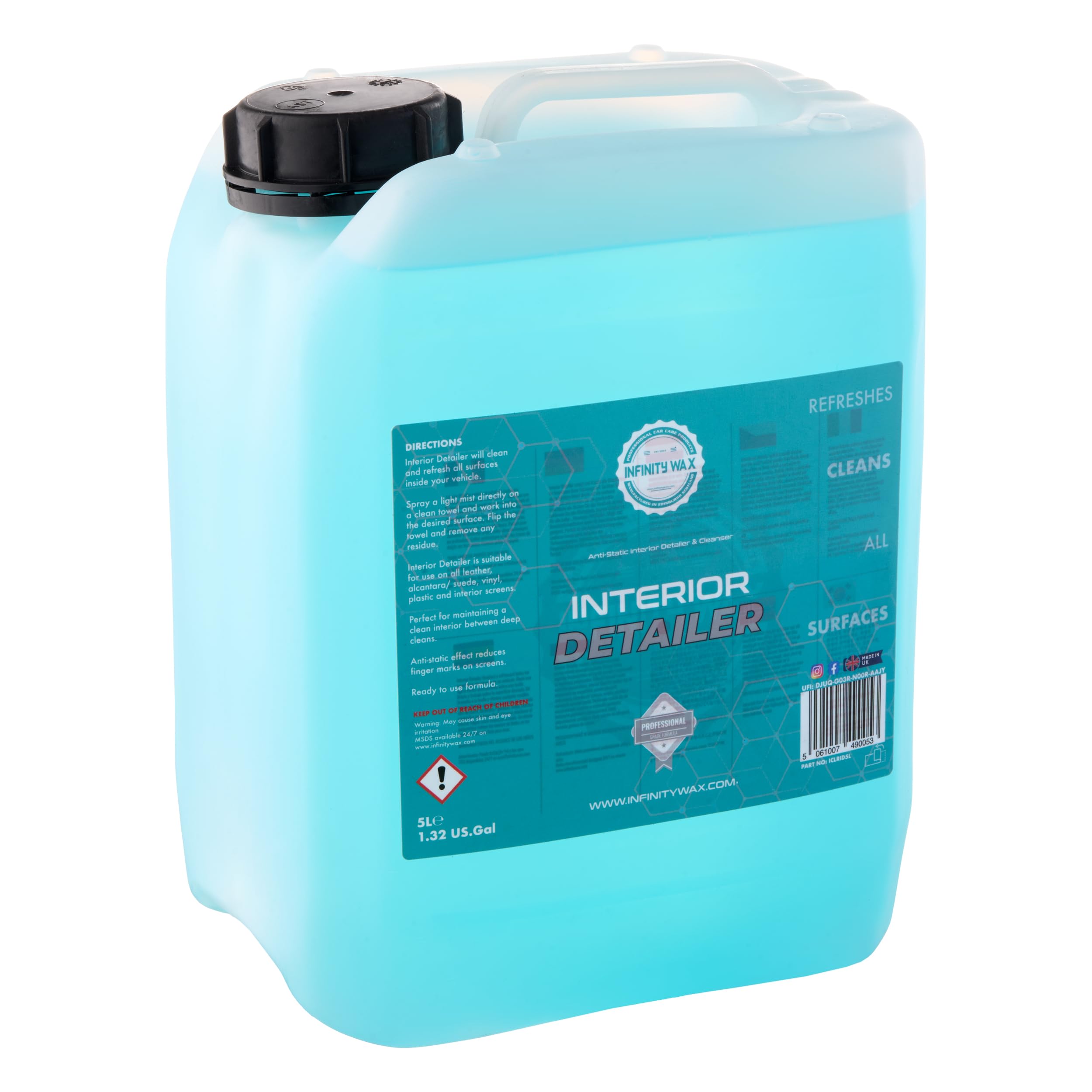 Infinity Wax Interior Detailer 5L – antistatischer Reiniger für Leder, Alcantara, Kunststoff & Bildschirme. Mattes Finish, Zitronen-Limetten-Duft, einfaches Spray für Auto-Innenräume.