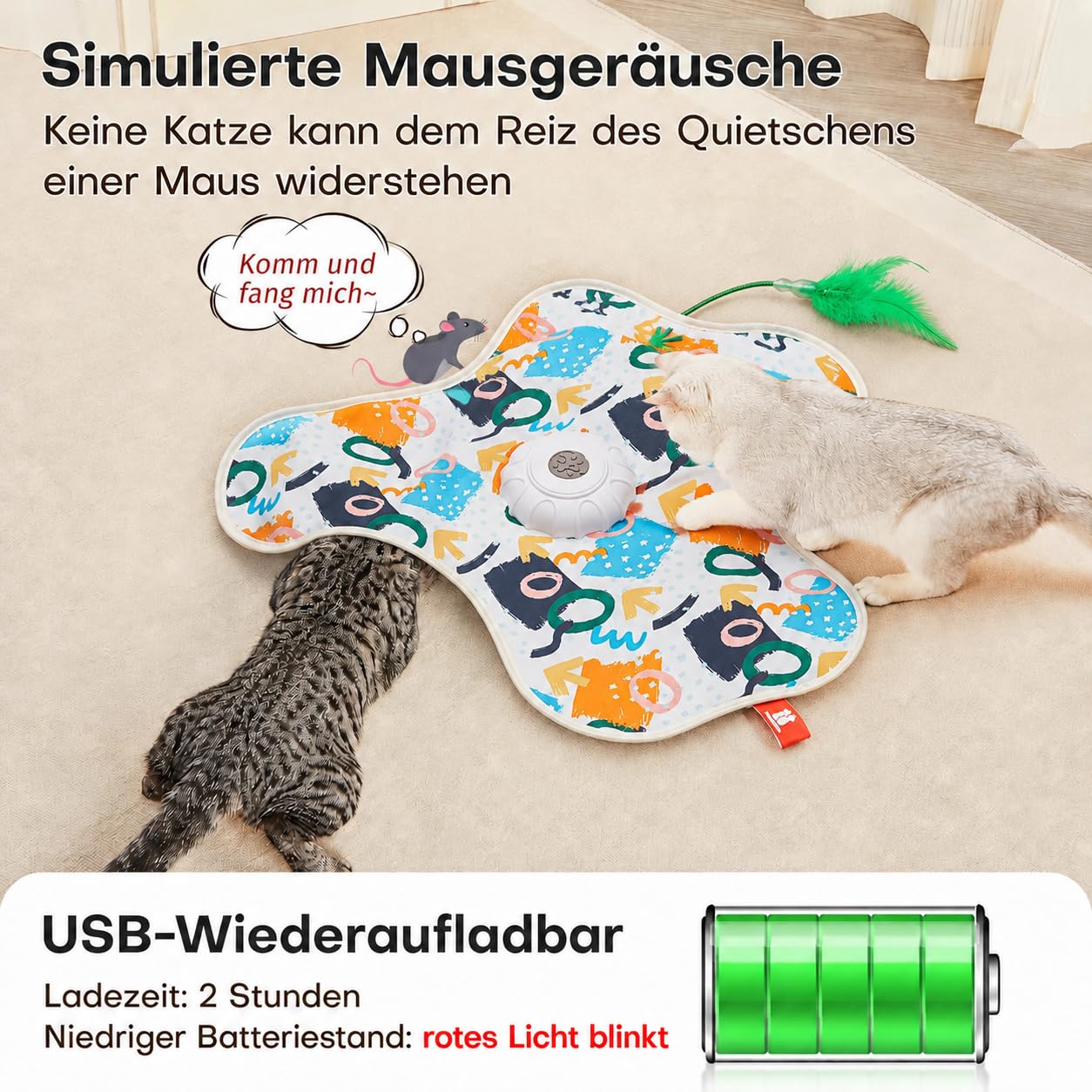 Katzenspielzeug Selbstbeschäftigung,Interaktives Katzenspielzeug Selbstbeschäftigung,Intelligenzspielzeug für Katzen mit Abnehmbaren Federn,Beweglicher Feder Quietschender Maus Wohnungskatzen