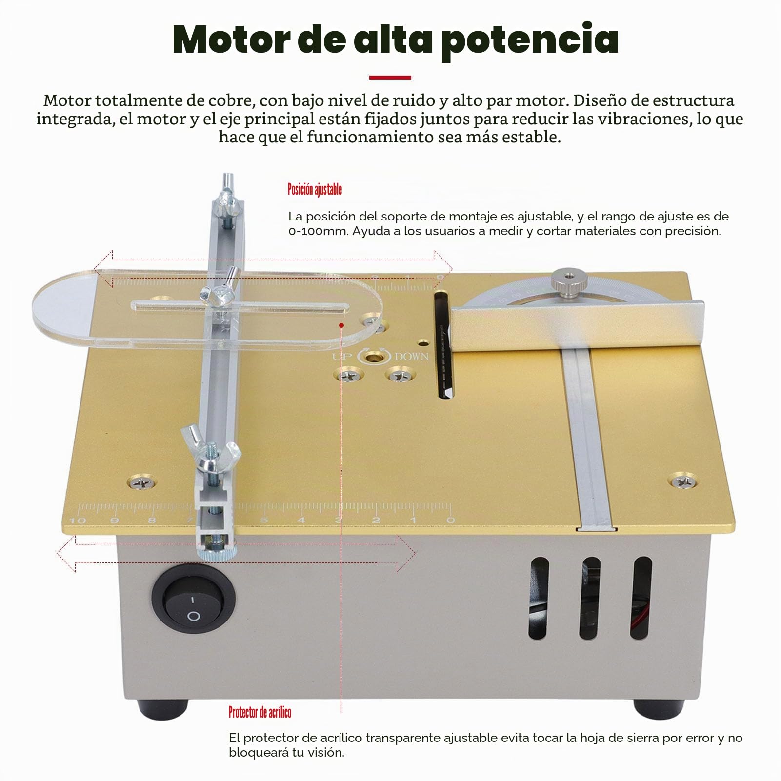 Mini Sierra de Mesa, Pequeña Cortadora de Sierra Eléctrica Portátil para Carpintería con de Hoja Ajustable, Sierra de Mesa Multifuncional de Precisión para Madera, PCB, Plástico