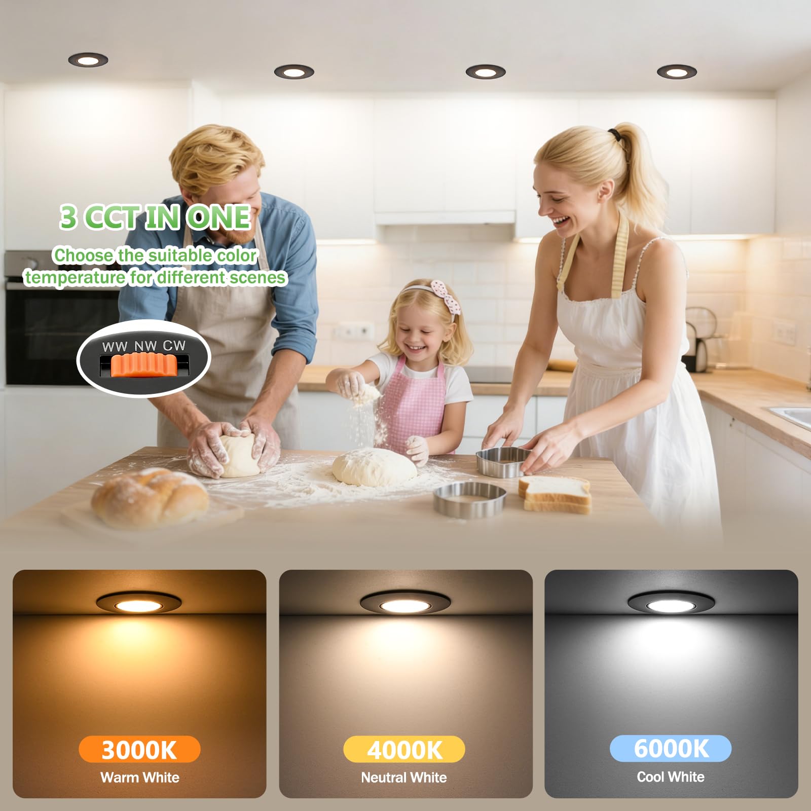 YindaLux Foco LED empotrable 230V Regulable 5W IP44 Ultrafino, Corte 68-80 mm, 3000K/4000K/6000K, Orientable 45°, Focos de techo para Baño Cocina Negro, Pack de 6