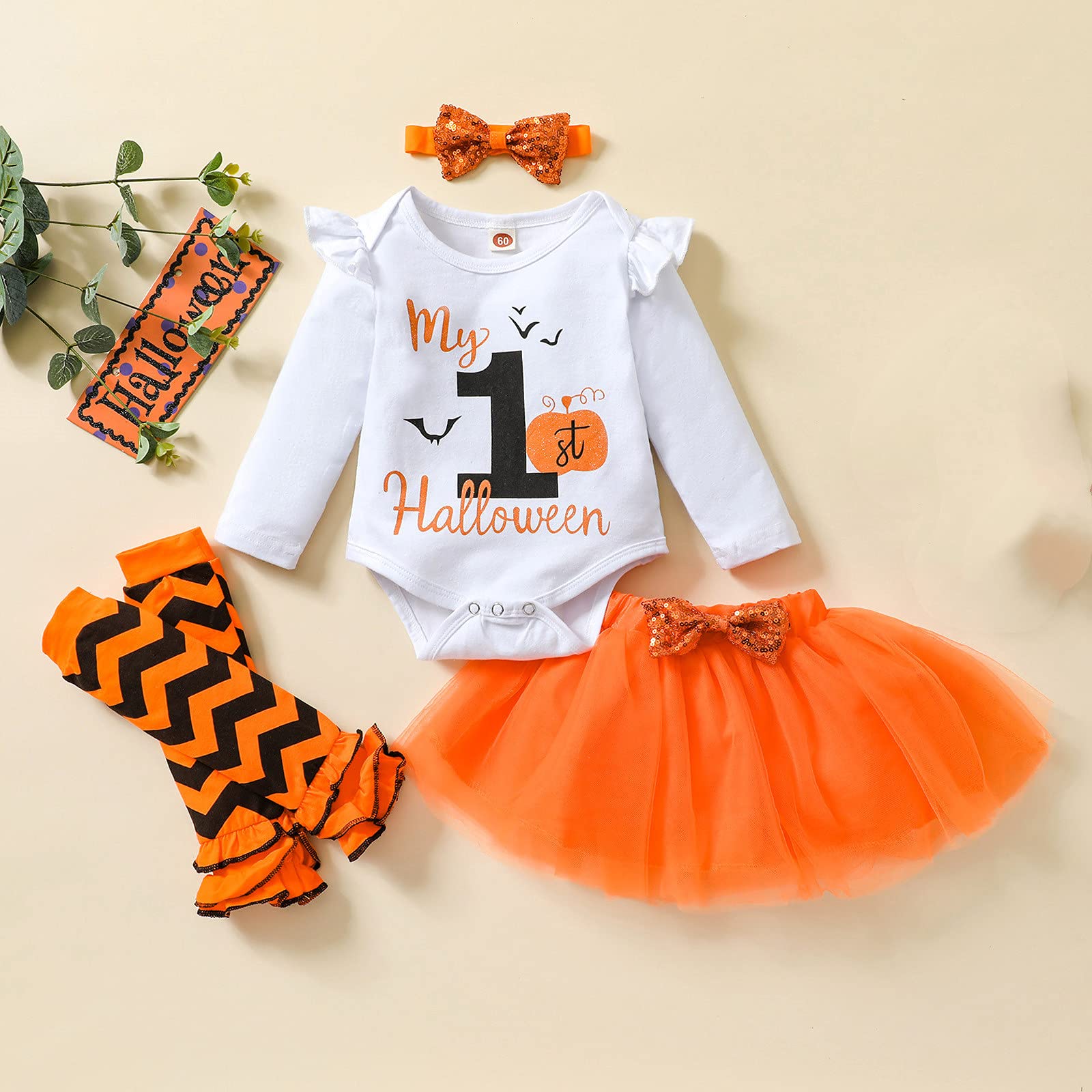 kacubwyy 4Pcs Toddler Baby Girls Outfits My 1st Halloween Long Sleeves Romper+Tutu Skirt+Leg Warmer+Bowknot Headband (Orange, 12-18 Months)
