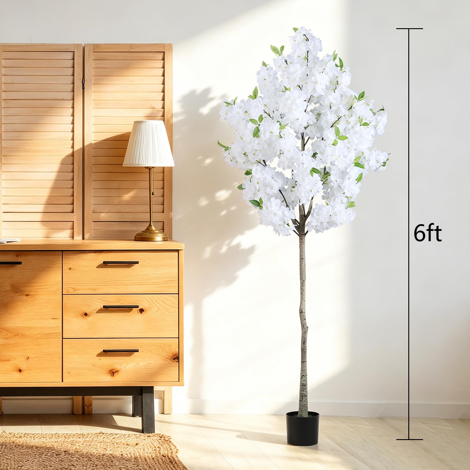 OUSHENG Künstlicher Kirschblütenbaum, künstliche Pflanzen, Innendekoration, künstliche rosa Sakura-Blumen für Wohnzimmer, Zuhause, Haus, Eingang, Schlafzimmer, Büro, Innendekoration, 1,8 m, Weiß