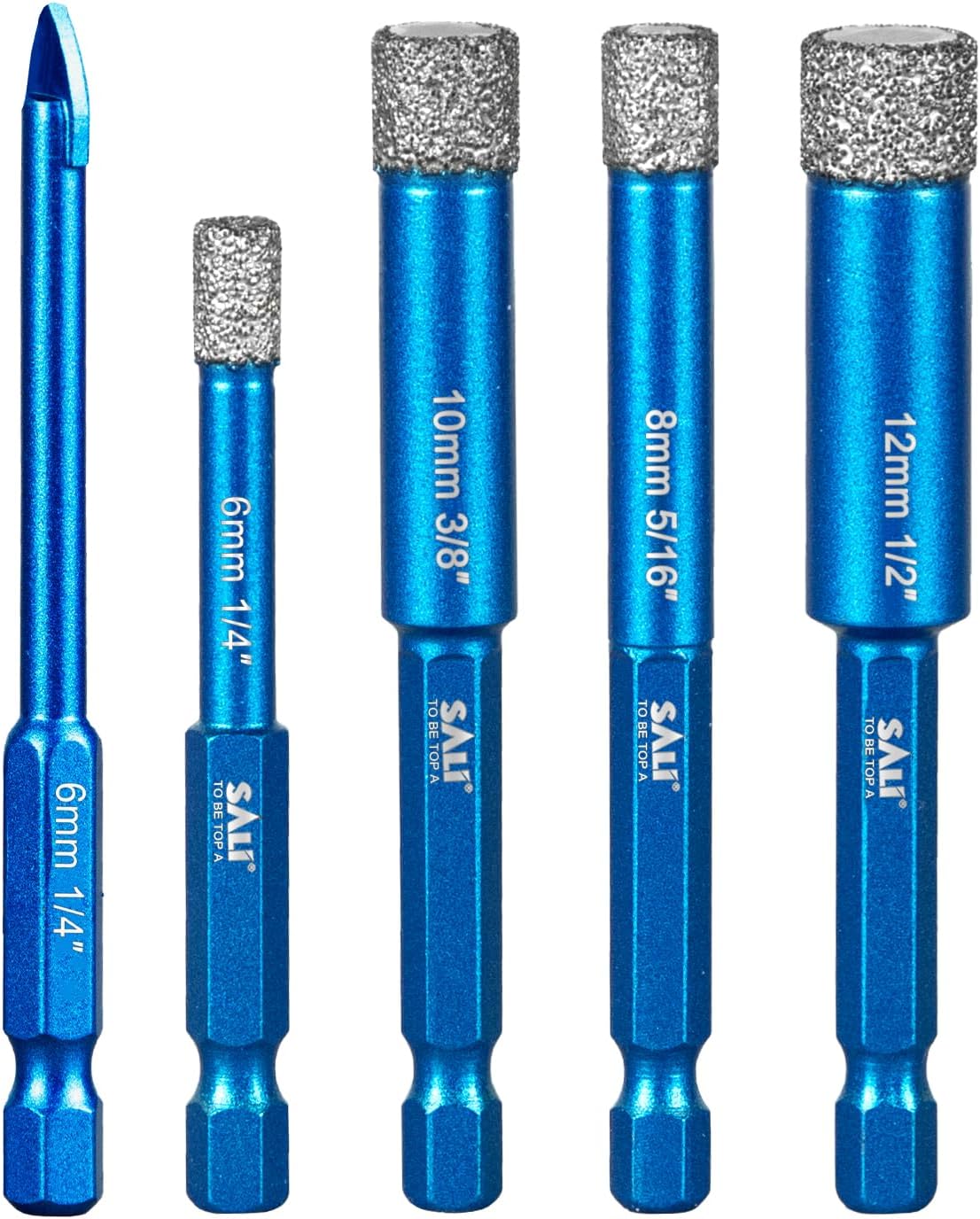 SALI Diamond Core Drill Bits Set 5pcs Tile Hole Saws Vacuum Brazed Hole Saw with 1/4 Inch Hex Shank for Glass Ceramic Porcelain Tiles Marble Brick Granite Quartz Fit Angle Grinders and Drill