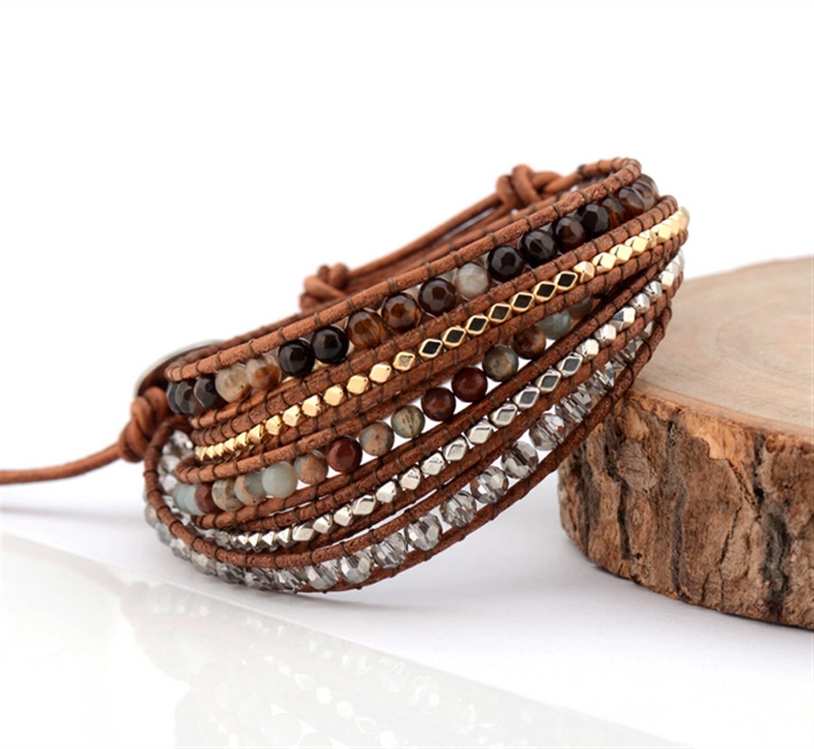 Naturstein-Armband, Naturstein, Onyx-Kristall, 5-lagiges Leder-Wickelarmband, mehrschichtiges Weben, Perlenarmbänder, Armband-Schmuck
